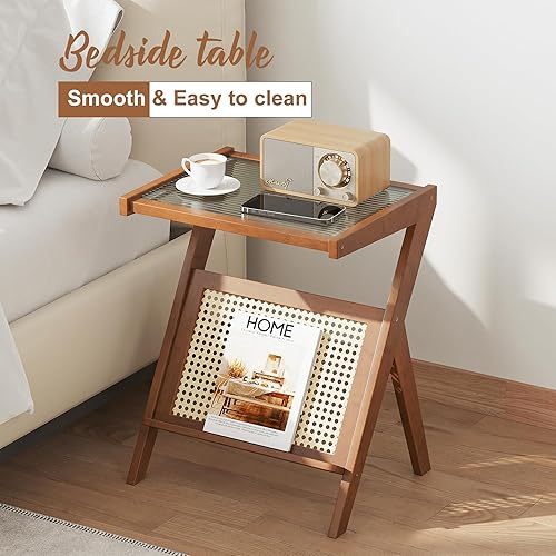 Miniatura 5 de FILWH Mesita auxiliar de noche, mesa auxiliar de cristal, mesa pequeña de bambú de ratán sintético, escritorio para computadora, mesa de café con