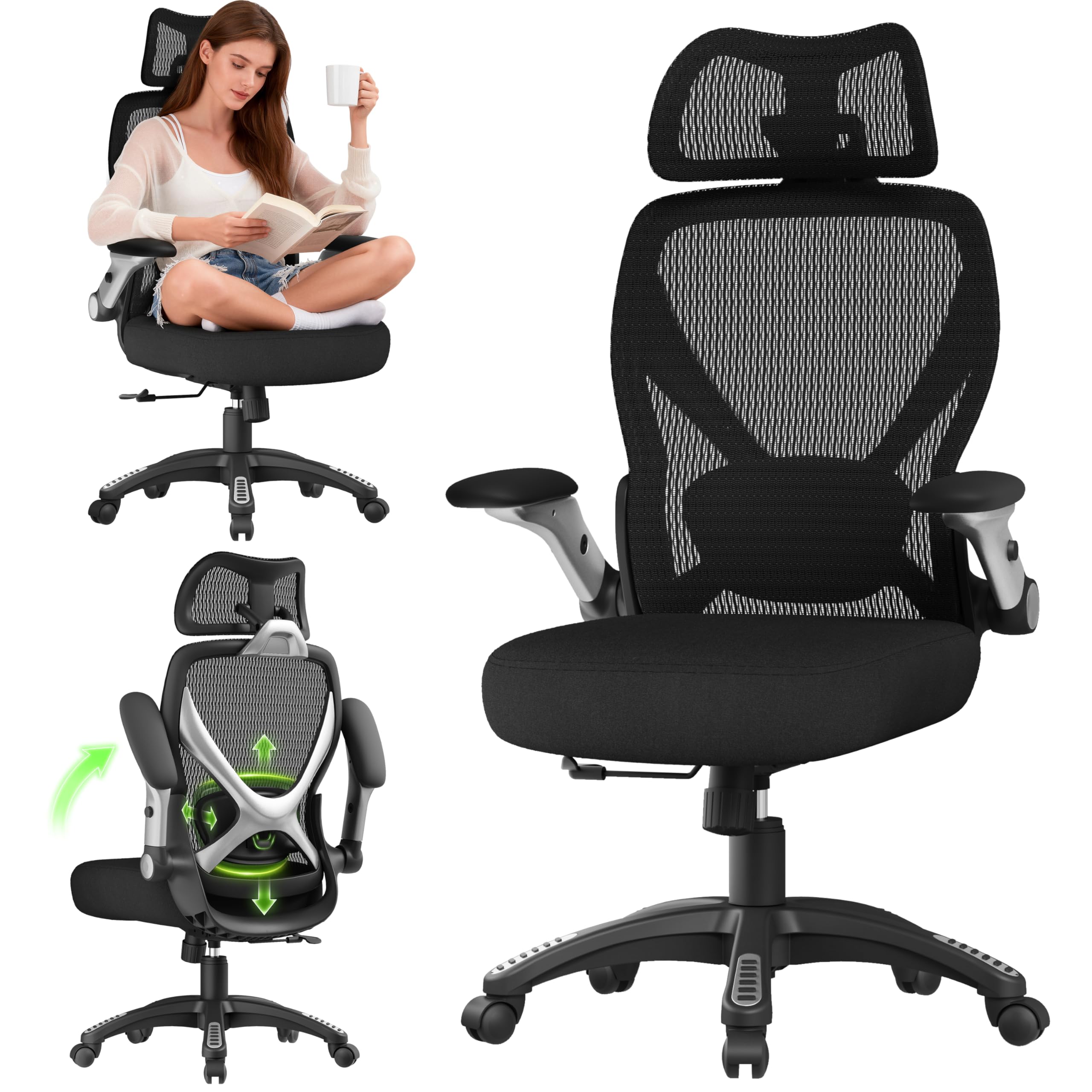 GABRYLLY Bürostuhl Ergonomisch, Ergonomischer Bürostühle mit Verstellbare Kopfstütze, Neigungsfunktion, Armlehnen, Ergonomic Office Desk Chair, Gaming Stuhl, Computerstuhl (Mitternachtsschwarz)