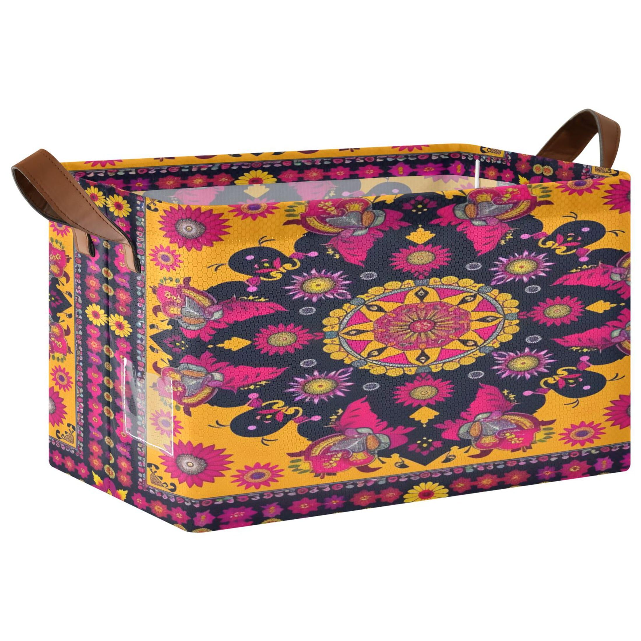Kutsu Foldable Storage Basket Mandala Collapsible Storage Bin with Handles for Shelves, Rectangle Basket for Home Nursery Decor, 16.9x11.4x10 in