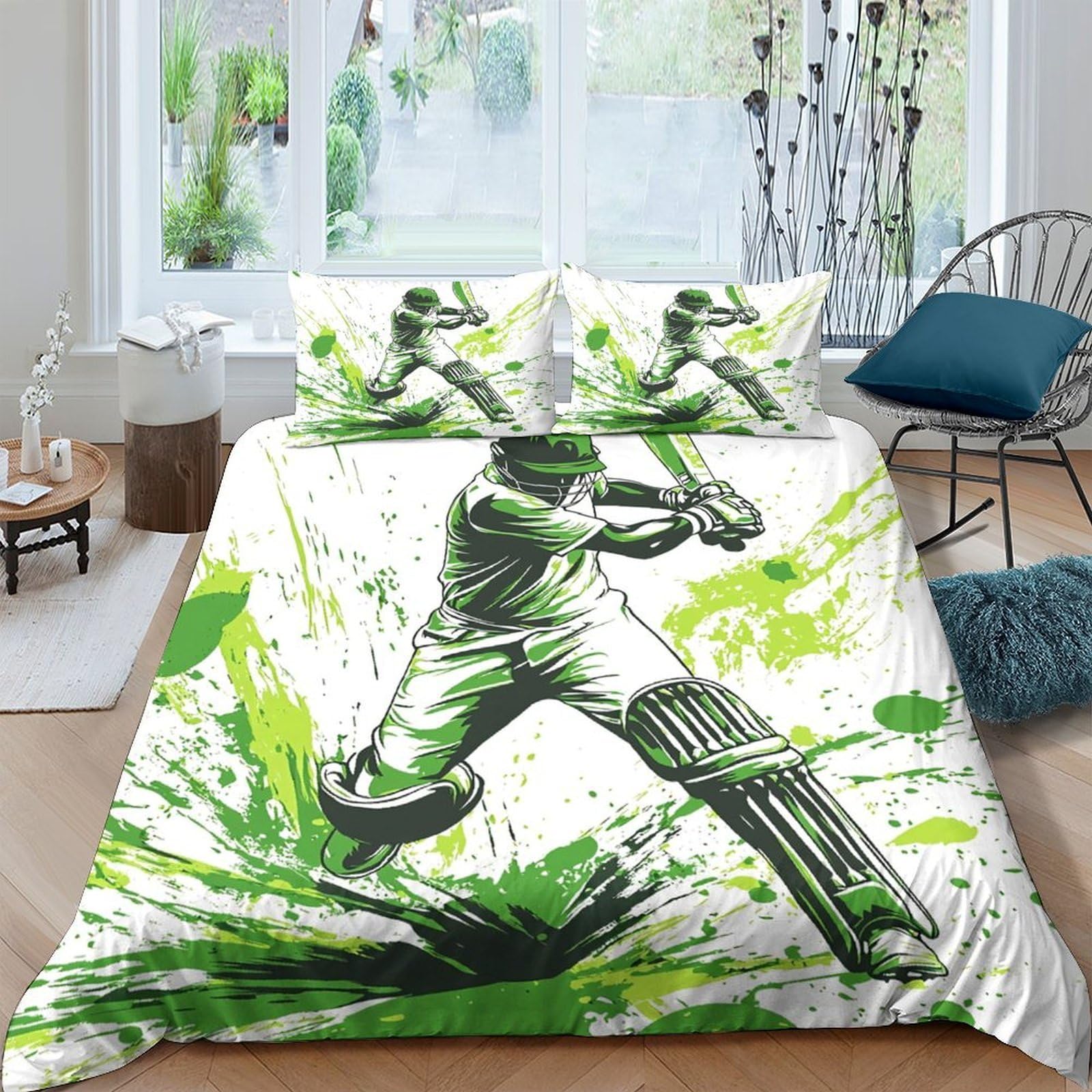 Ctjqhvkz Style-4 3D Printed Cricket Player Fitted Sheet Microfiber Soft Green Splash Sports Bed Cover For Bedroom Guest Room Mattress Protection Decor Single（135X200cm）