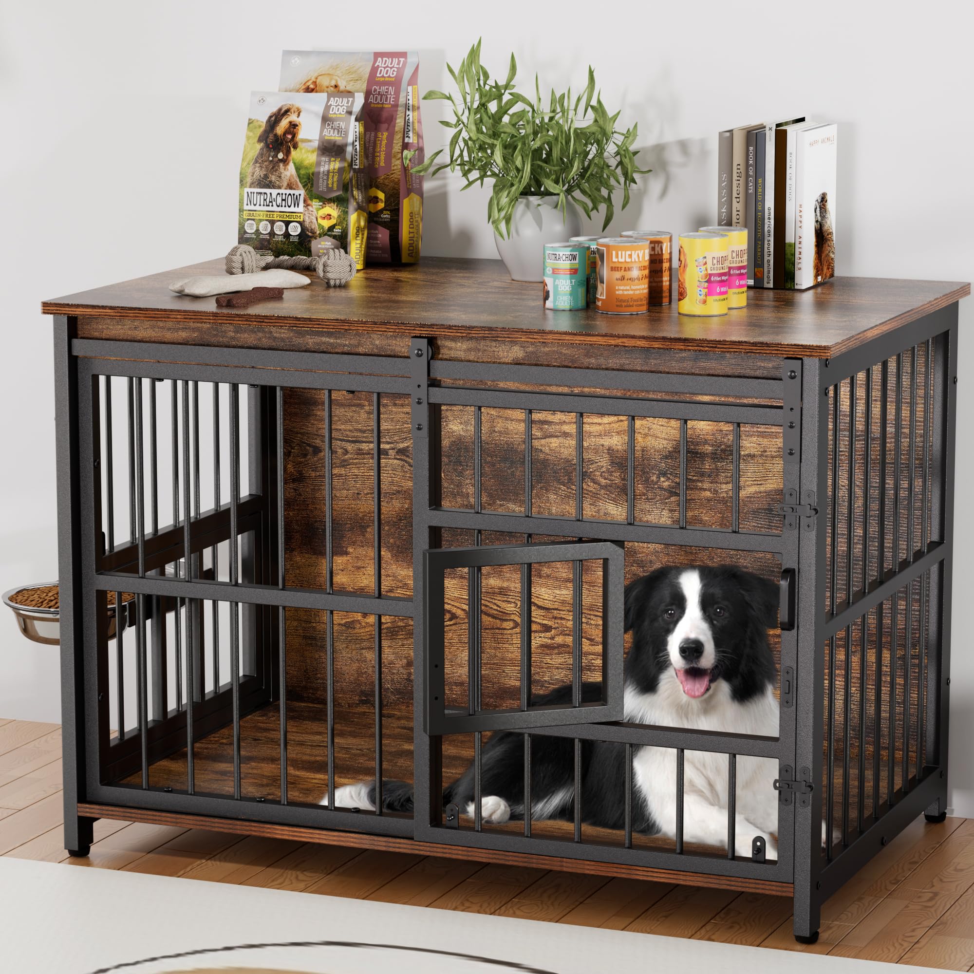 Dog Crate Furniture for Large Dogs: 39 Inch Heavy Duty Chewproof Wooden Kennel Furniture - Dog Cage Table for High Anxiety Dogs- 360° Adjustable Bowls Multi-Lock Sliding Door for Indoor