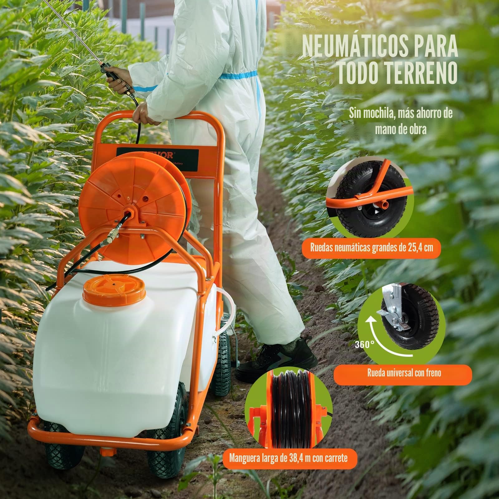 VEVOR Pulverizador de Césped con Ruedas, Presión Ajustable 0-90 PSI, Pulverizador con Tanque de 60 L con 8 Boquillas, 2 Varitas, Tapa de Boca Ancha para Jardín, Desmalezado, Pulverización