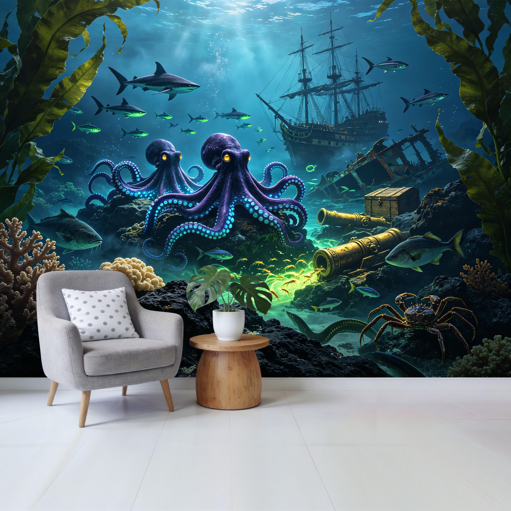 Custom Size Wall Mural Underwater Octopus Sunken Pirate Ship 3D Ocean Marine Removable Self Adhesive Fabric，Home Wall Decor for Living Room Bedroom Bathroom