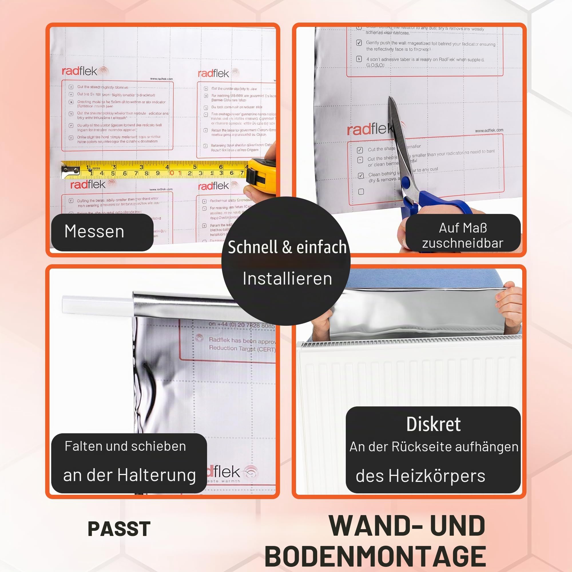 Radflek Reflexionsfolie für Heizkörper, mit reflektierendem Radstik-Klebeband, 5 Radflek-Folien / 4 Radstik-Streifen, für 10 oder mehr Heizkörper