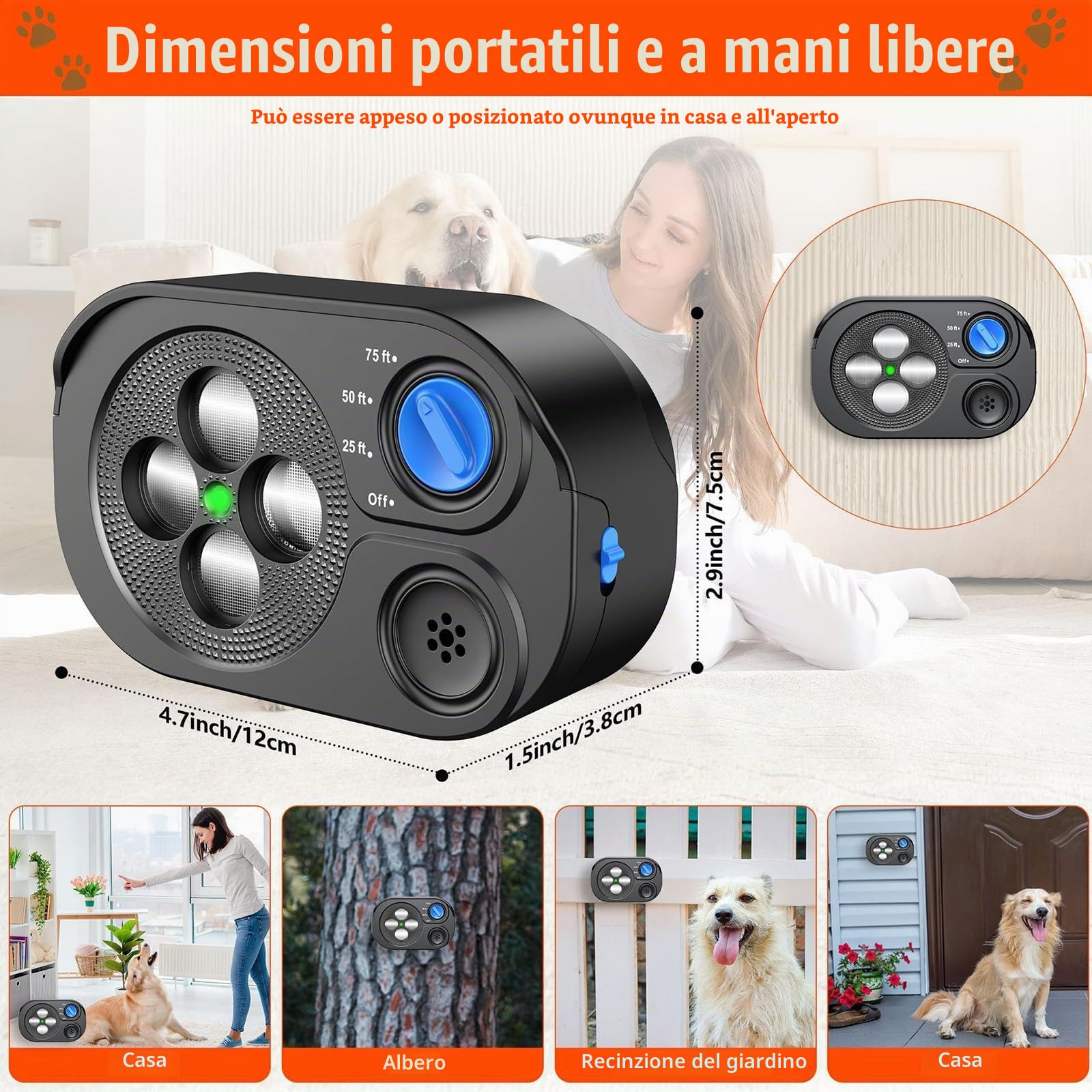 Dispositivo Anti-Abbaio, Deterrente Ultrasuoni per Abbaiare del Cane 3 Aodalità, 23 m Stop Abbaiare del Cane, Tappo di Corteccia Sonico per Interni ed Esterni, Dispositivi Anti Abbaio