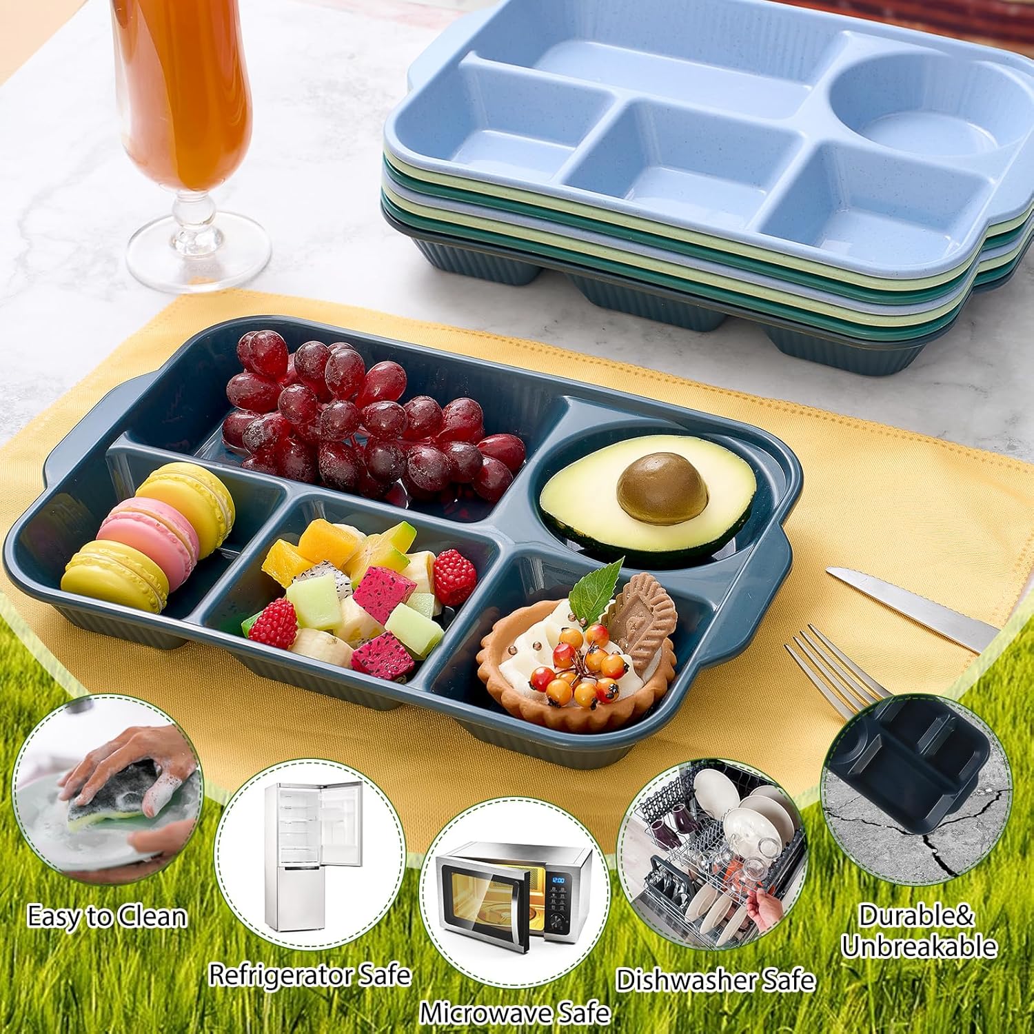 Pinkunn 8 Pcs 13'' Large Divided Plates Unbreakable Wheat Straw Dinnerware Lunch Trays Lightweight Reusable Plastic Compartment Microwave Dishwasher Safe Separator Plates(Retro)