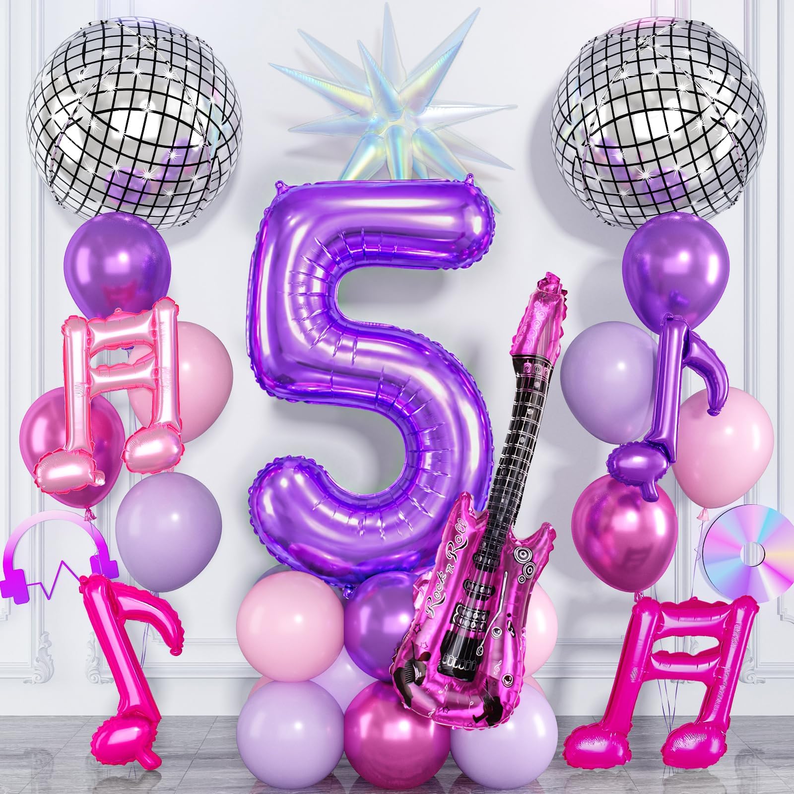 Kpop 5th Birthday Decorations for Girls, 40 Inch Purple Number 5 Balloon with Music Note Disco Ball Guitar Star Balloons, Metallic Purple Pink Balloons for 5 Year Old Birthday Music Party Decorations