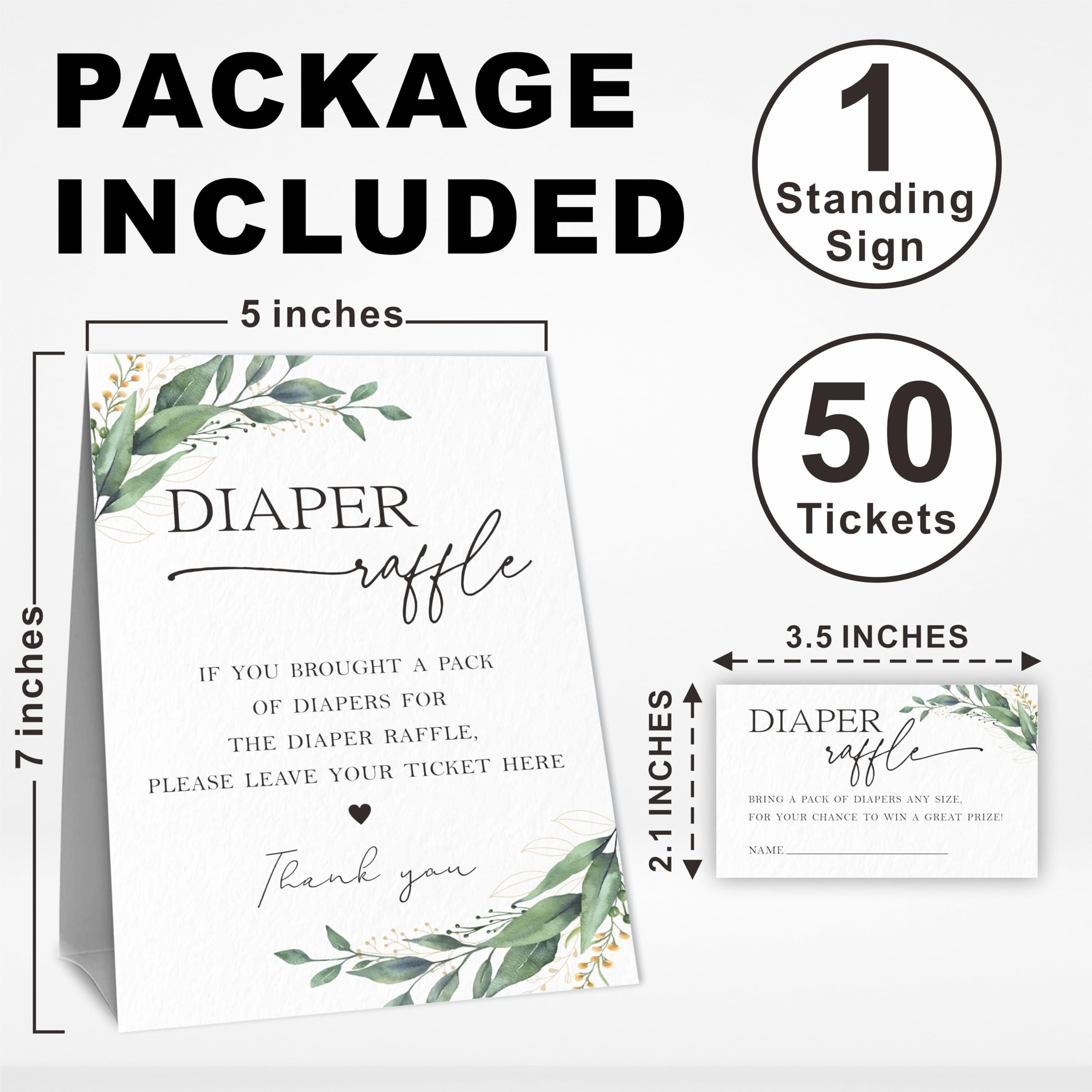 Baby Shower Diaper Raffle Game Set, 1 Greenery Standing Sign & 50 Diaper Raffle Tickets, Supplies & Decorations For Gender Reveal, Baby Announcement, Baby Shower - A08