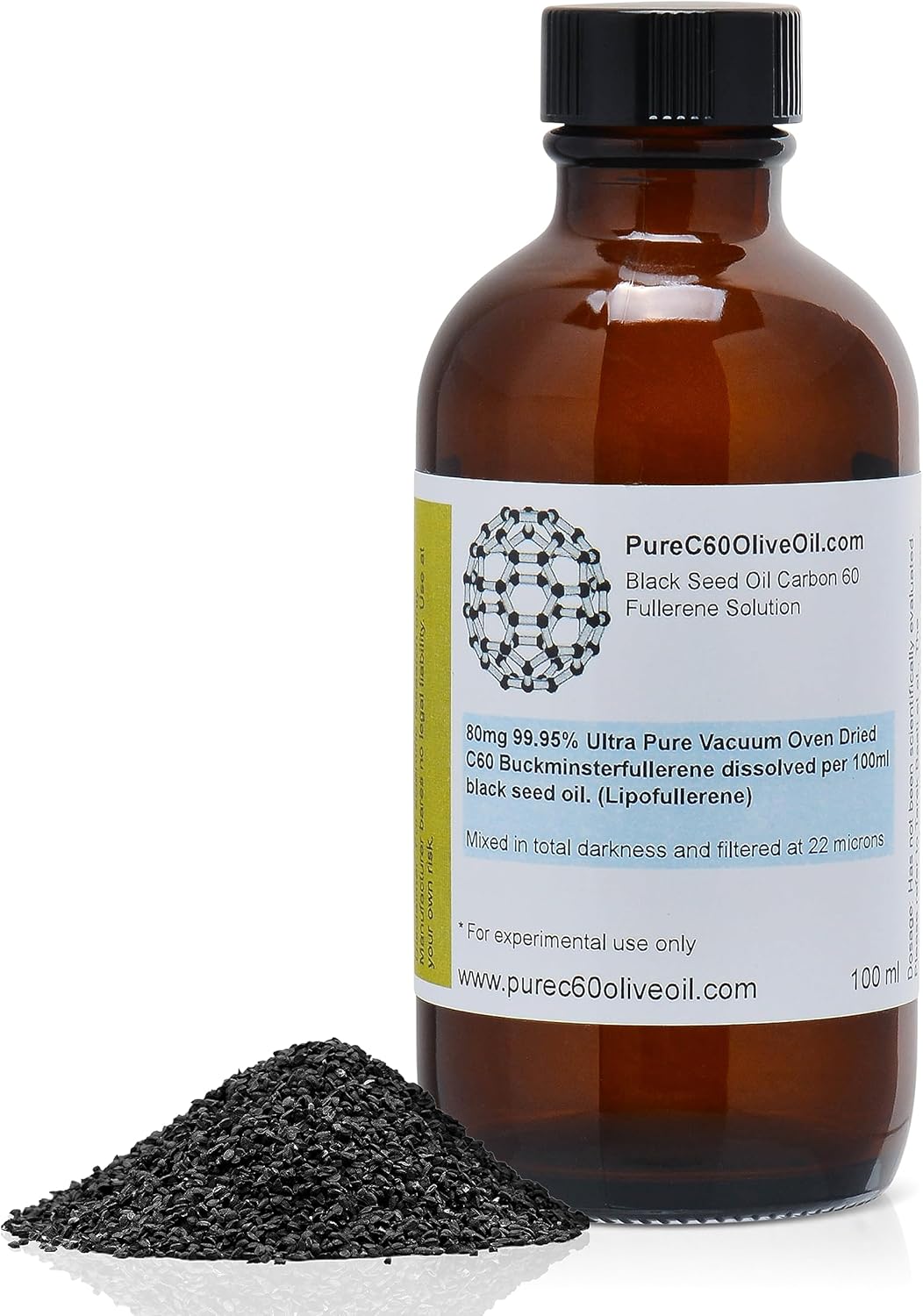 PureC60OliveOil C60 Organic Black Seed Oil 100ml / 3.4 Fl Oz - 99.95% Carbon 60 Solvent Free 80mg - Amber Glass Bottle - Carbon 60 Black Seed Oil - from The Leading Global Producer