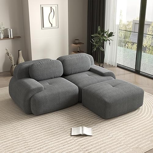 80" Modern Love Seat Boneless Couches for Living Room, Corduroy Modular Sectional Sofa with Deep Seat, Grey Loveseat Couch with 1 Ottoman, Sofas para Sala, L Shape Sofas & Couches (Gray, 2+1 Set)