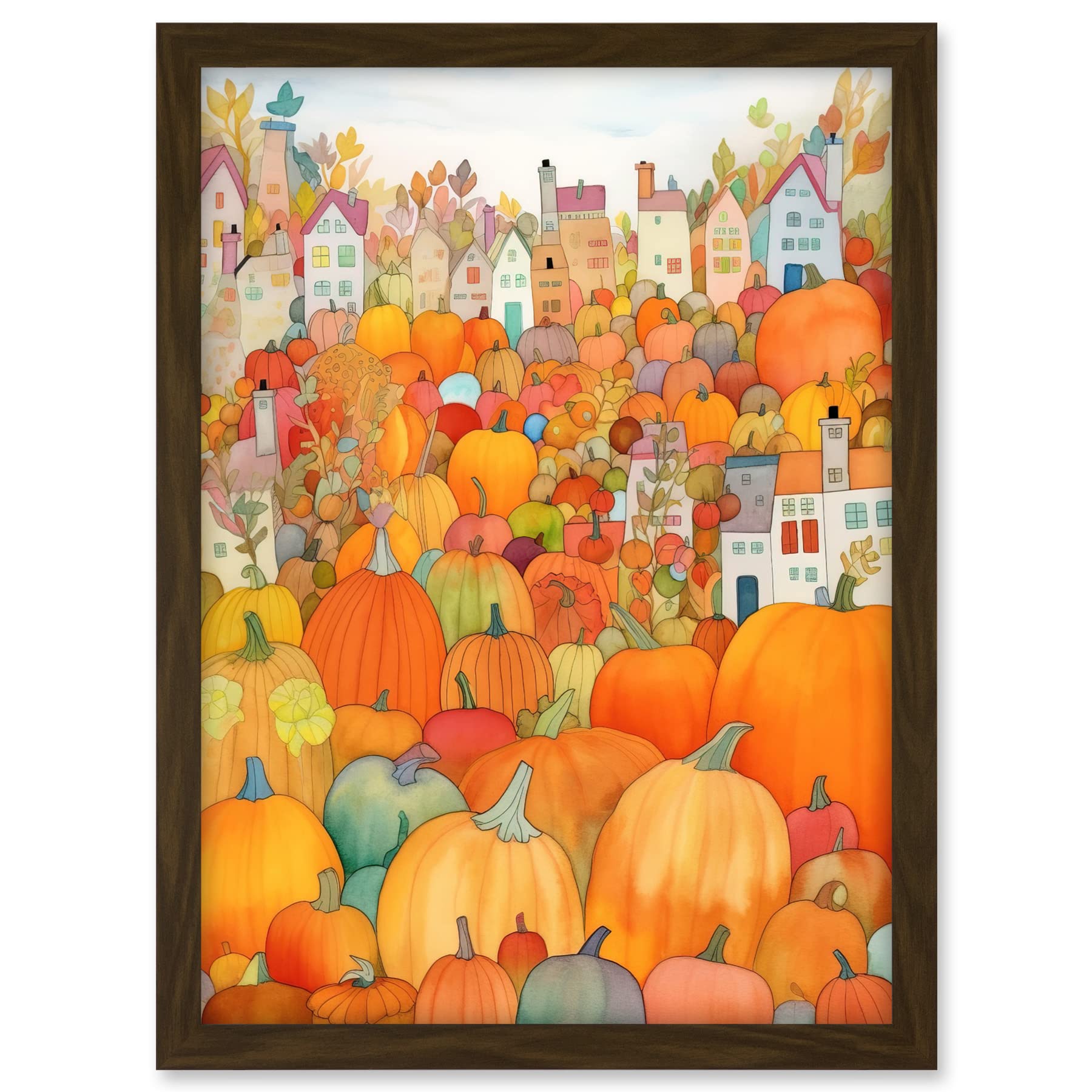 Artery8 Halloween Pumpkin Festival Autumn Harvest Modern Folk Art Watercolour Painting Artwork Framed A3 Wall Art Print
