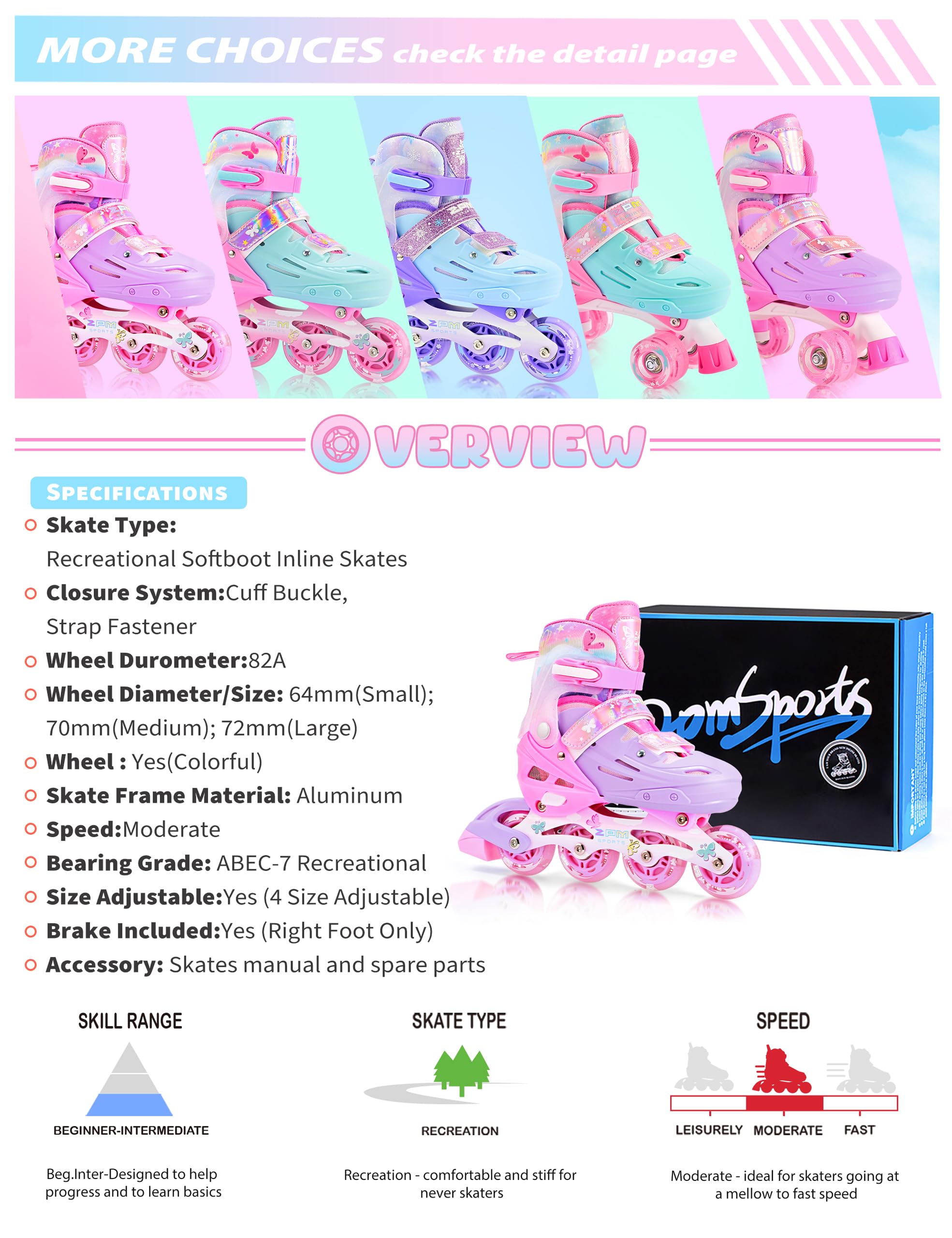 2PM SPORTS Patins à roulettes en Ligne pour Filles Enfants - Rose Bleu 4 Tailles réglables Intérieur Extérieur Débutants