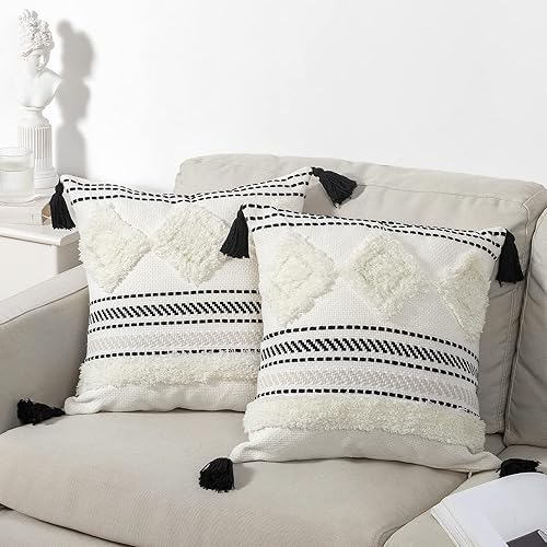 Miniatura 5 de Blue Page, Morocco - Funda decorativa de cojín de 18x18 pulgadas para cama y sofá, funda cuadrada estilo bohemio y casa de campo neutro con borlas y