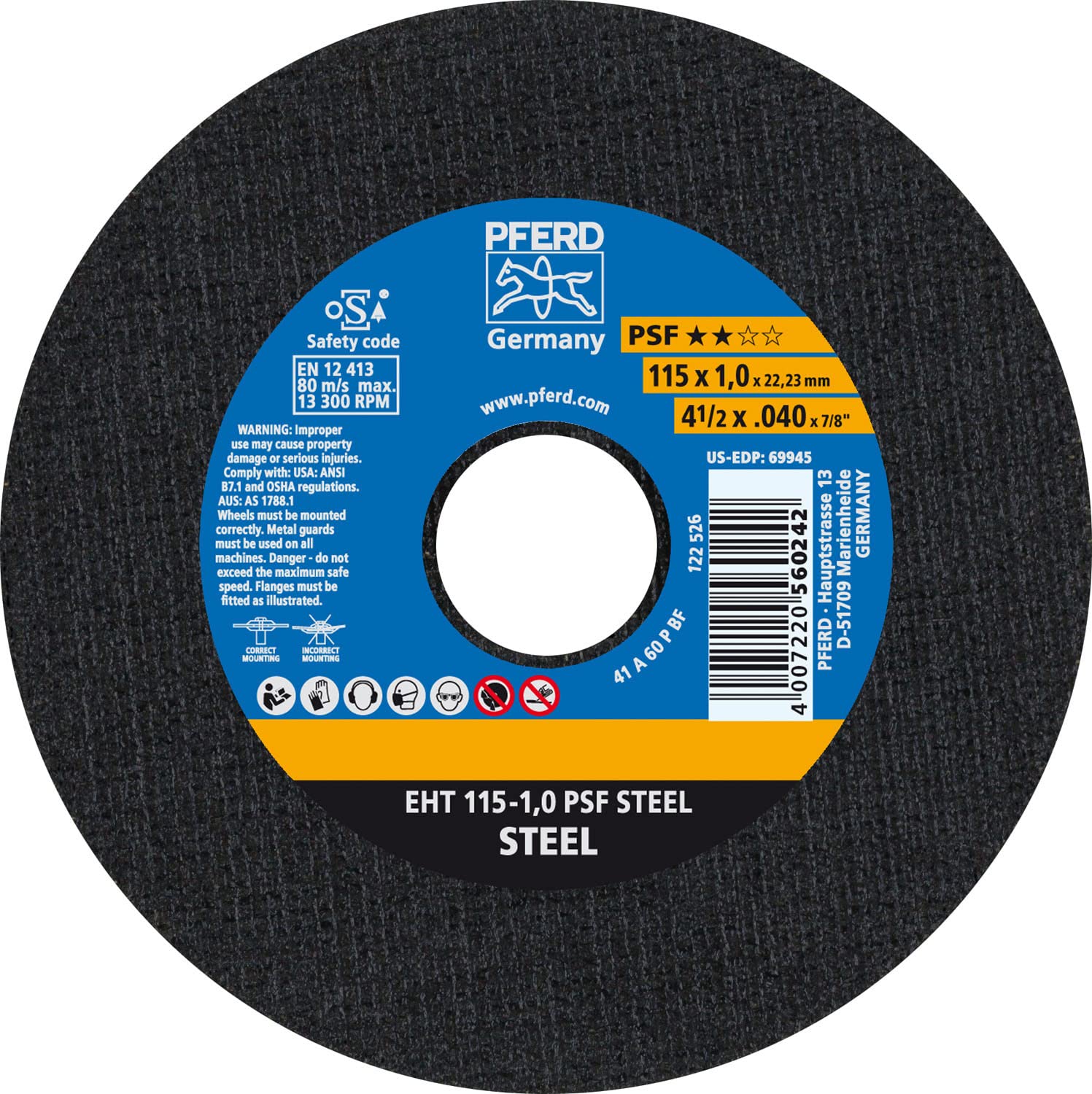 PFERD 69945 4-1/2" x .040" Cut-Off Wheel 7/8" AH A P PSF 60 Grit Type 1 (25pk)