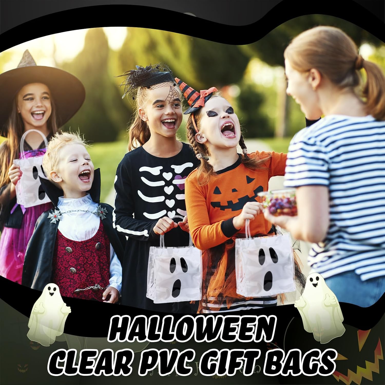 Kolldenn 24 Pcs Halloween Clear Plastic Gift Bags with Handle Trick or Treat PVC Pumpkin Goodie Candy Bags Reusable Tote Bag for Party Favor Gifts Supplies(Ghost,6.3x 5.91x 3.15 Inch) - Image 6