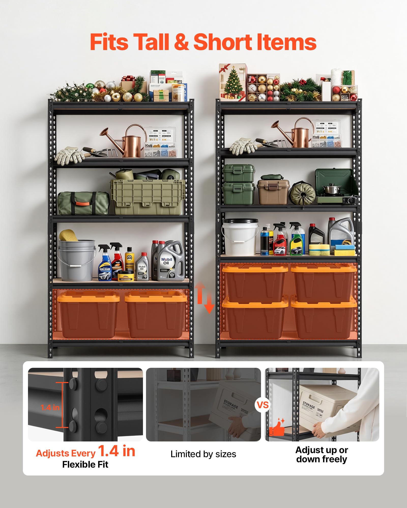 VEVOR Scaffale per Garage, Scaffale Metallico Portaoggetti, 5 Ripiani in MDF Regolabili, Capacità 1134 kg, Scaffalatura Multiuso, per Cucina, Dispensa, Cantina e Bagno, 102,5 cm Lx51,7 cm Px181,3 cm A