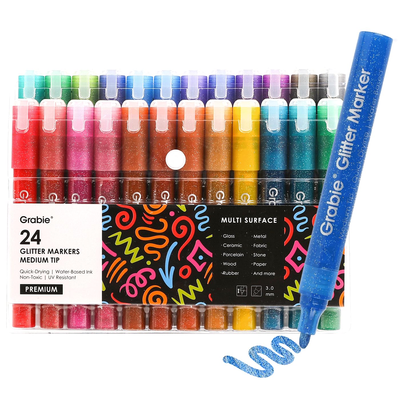 Grabie 24 Glitter Metallic Markers, Medium tip Glitter Acrylic Paint  Markers, Quick-Drying Water-based Ink Glitter Pens for Adults, DIY Crafts