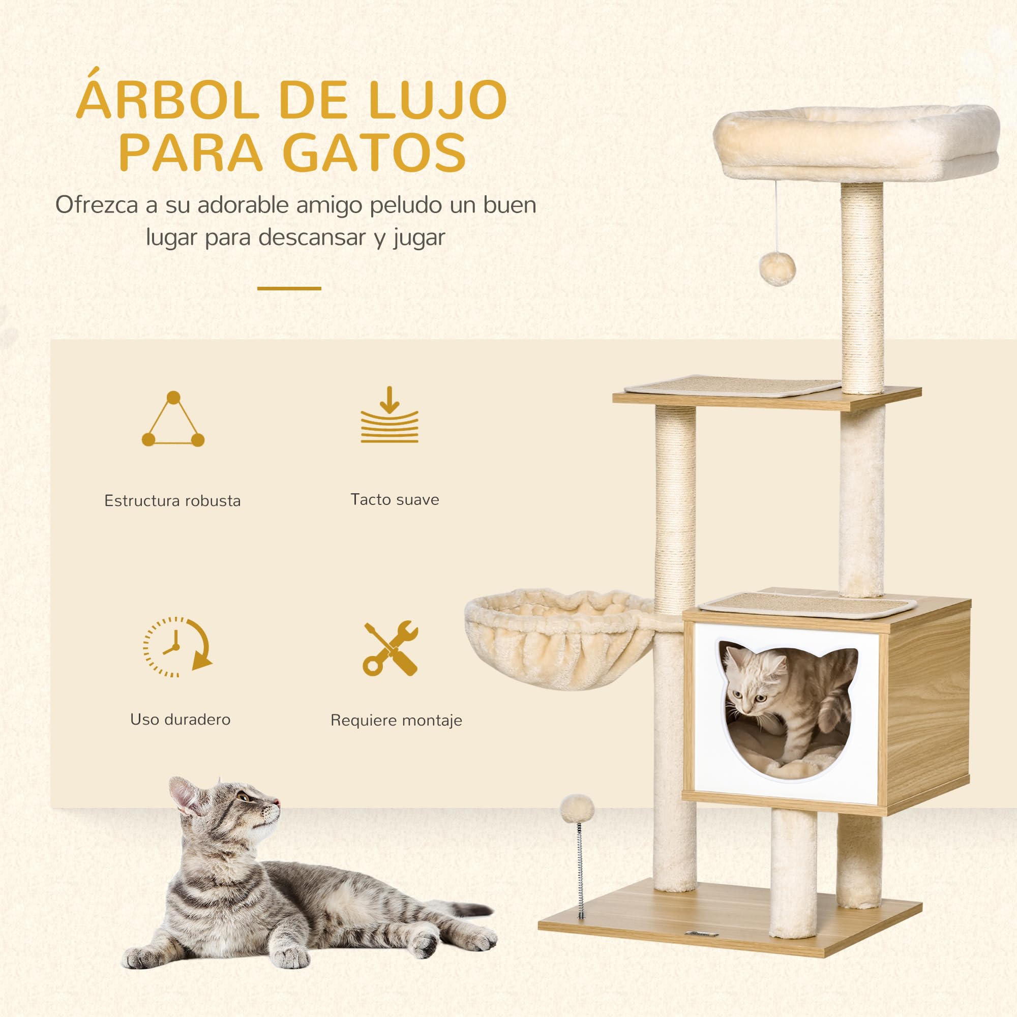 PawHut Árbol Rascador para Gatos 126 cm con Plataformas Hamaca Cueva Beige | Árbol para Gatos, Torre Escalador, Cama, Postes de Sisal, Bolas, Cojines Lavables