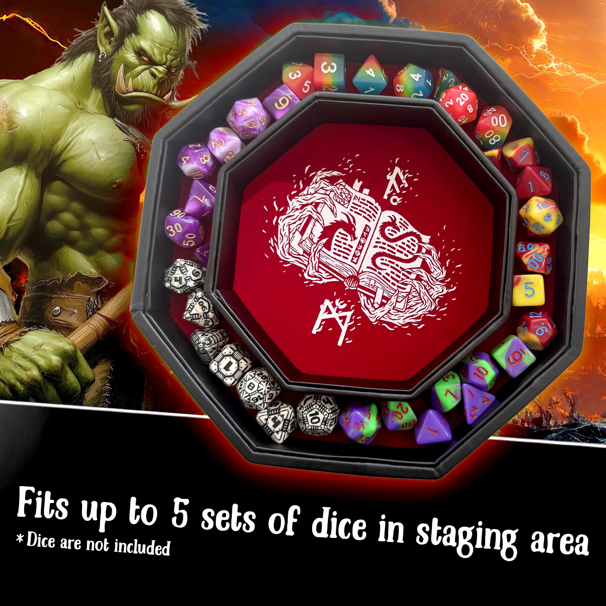 Fantasydice Ognisty smok - taca na kości - ośmiokąt 20 cm z pokrywką i miejscem do postawienia kości - mieści 5 zestawów kości (7 / standard) do wszystkich gier RPG, takich jak D&D, Call of Cthulhu