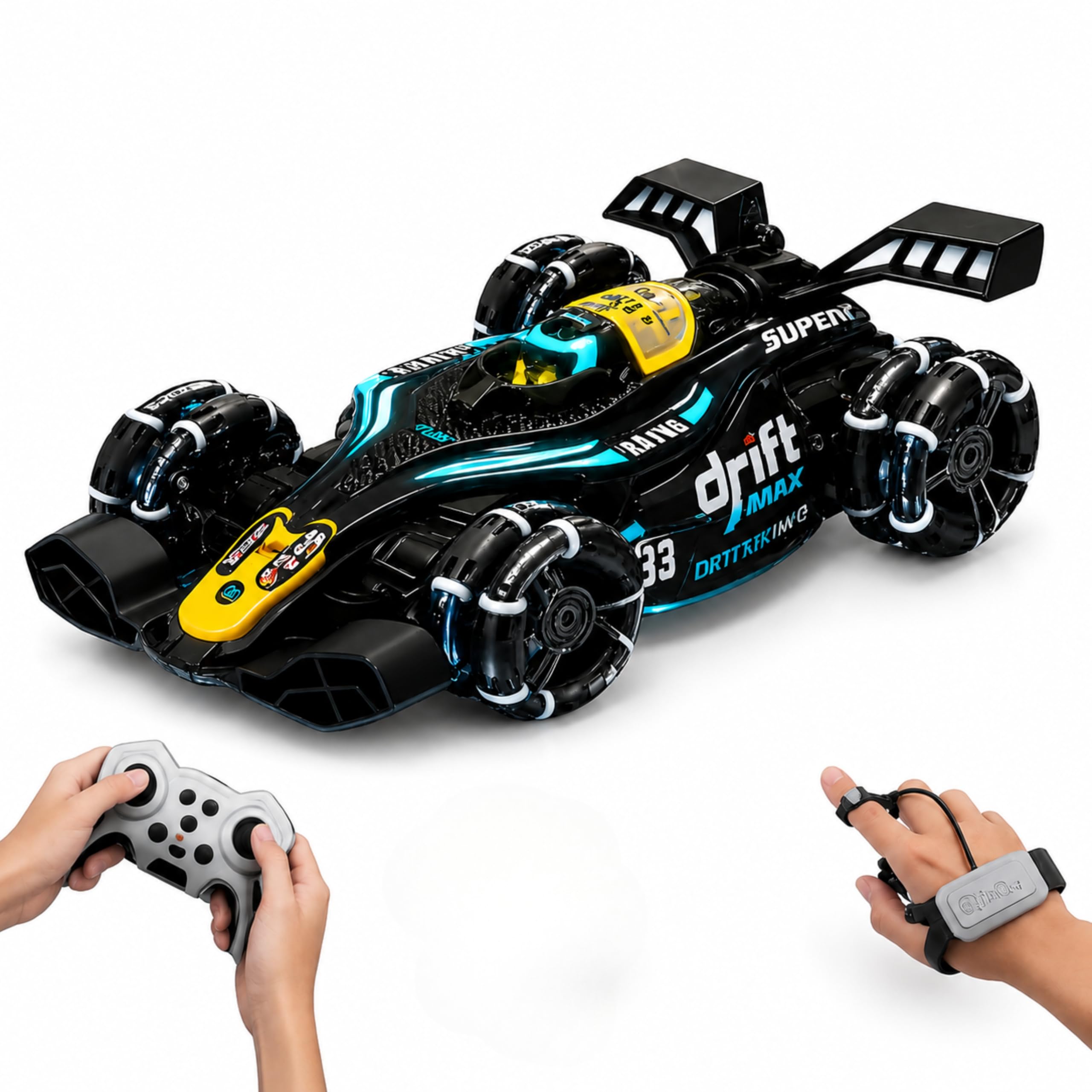 RC 4x4 Formula F1 Drift Smoke Car 1:14 Scale Remote Control, 2.4GHz Hand Gesture Sensor Controller, 360° Rotation Stunt Racing Toy with LED Car Glowing Lights, Music for Kids Boys Girls Adults 4+-image-40