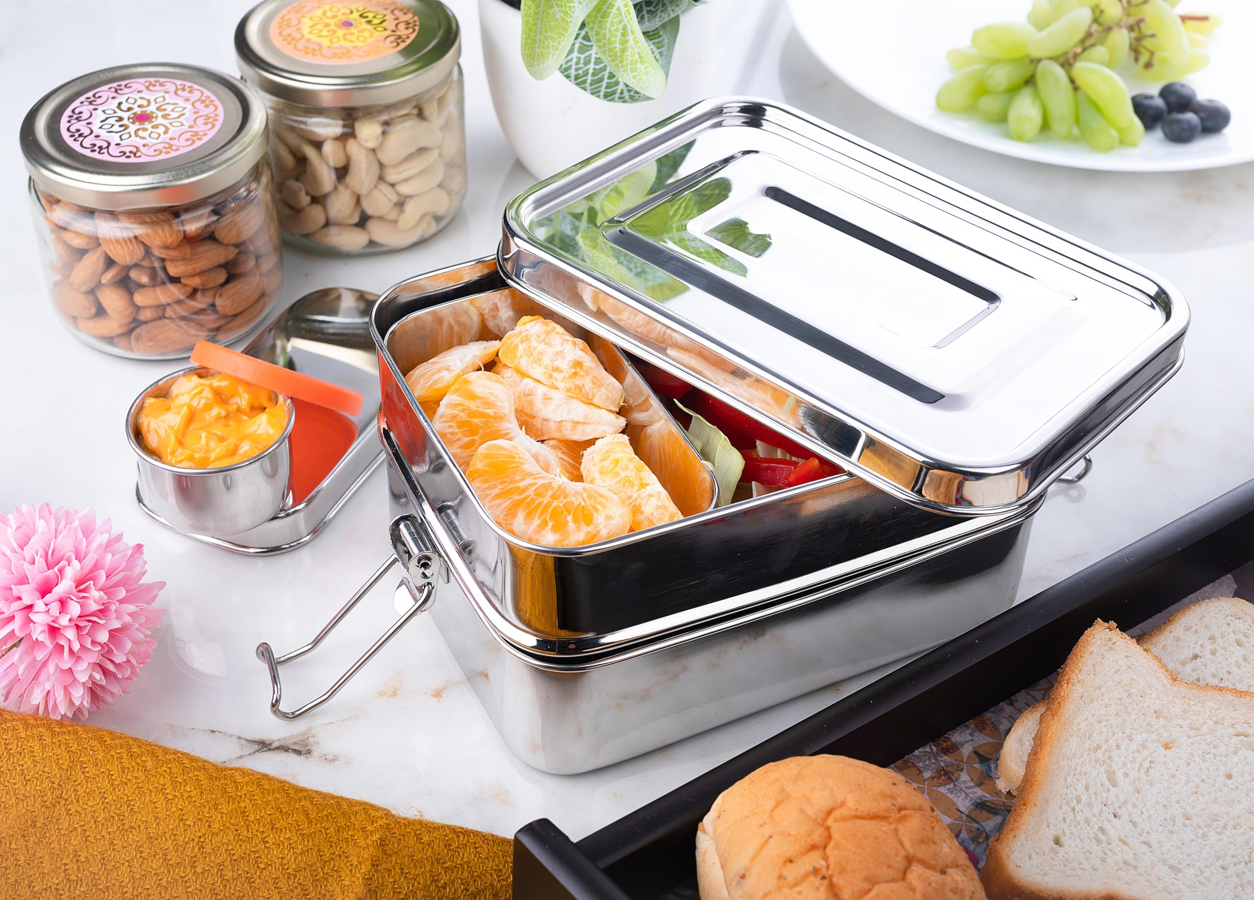 Bento Box per adulti in acciaio inox, 2,3 l, impilabile, con contenitore per salse e snack, a prova di perdite, lavabile in lavastoviglie, coperchio in acciaio inox, contenitore
