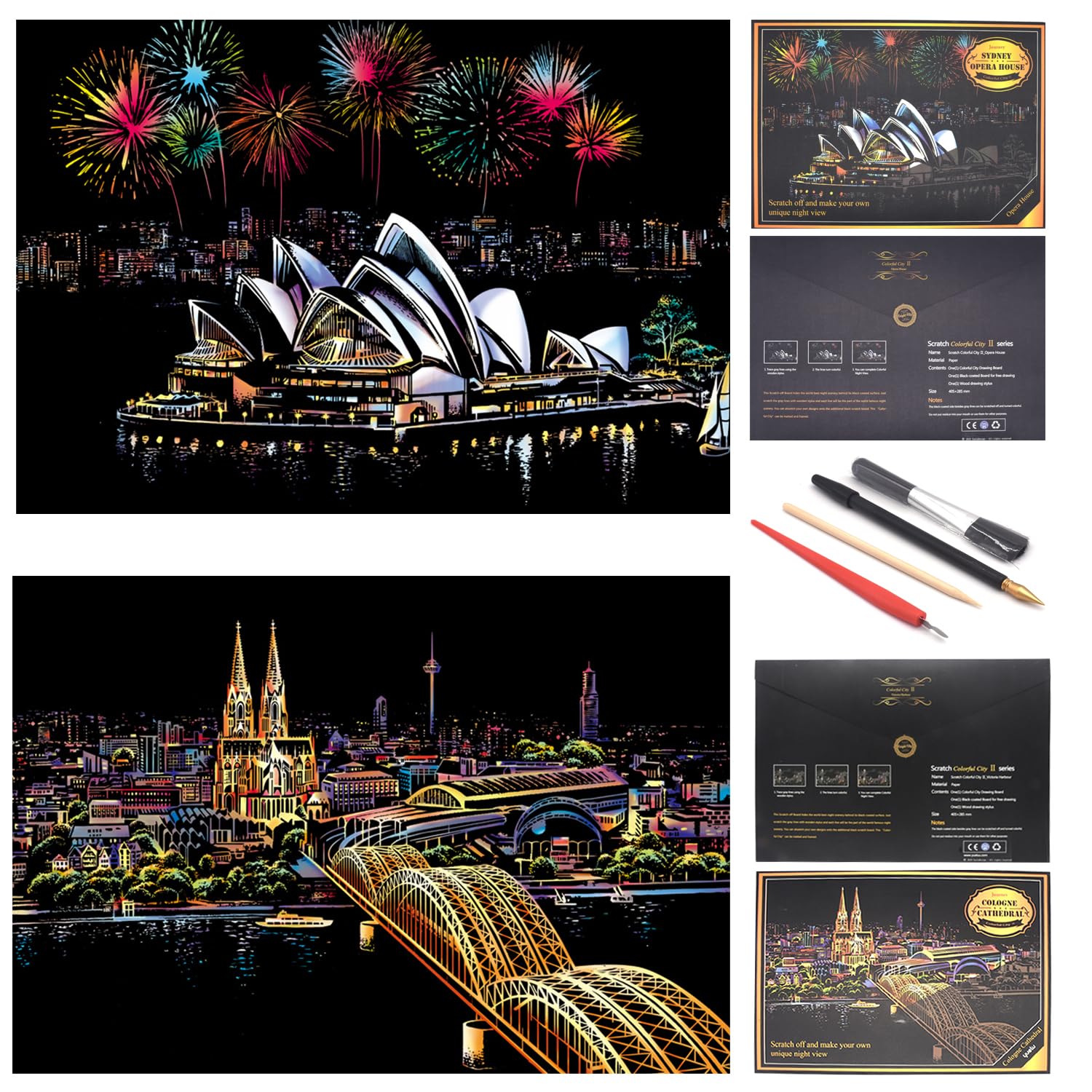 Rainbow Scratch Painting Paper by BOTEEN,City Series Night Scene,Scratch Painting Creative Gift,Scratchboard for Adult and Kids,with 4 Tools,Size:16''x11'' (Sydney Opera House)-image-7