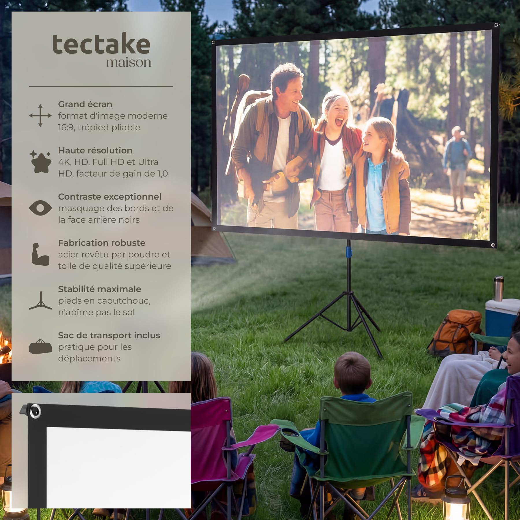 tectake® Écran de Projection portable avec trepied, 177x100 cm, Ecran videoprojecteur format 16:9, Toile videoprojecteur 4K, HD, Full HD, Ultra HD Ecran de Projection Toile projecteur Écran projecteur