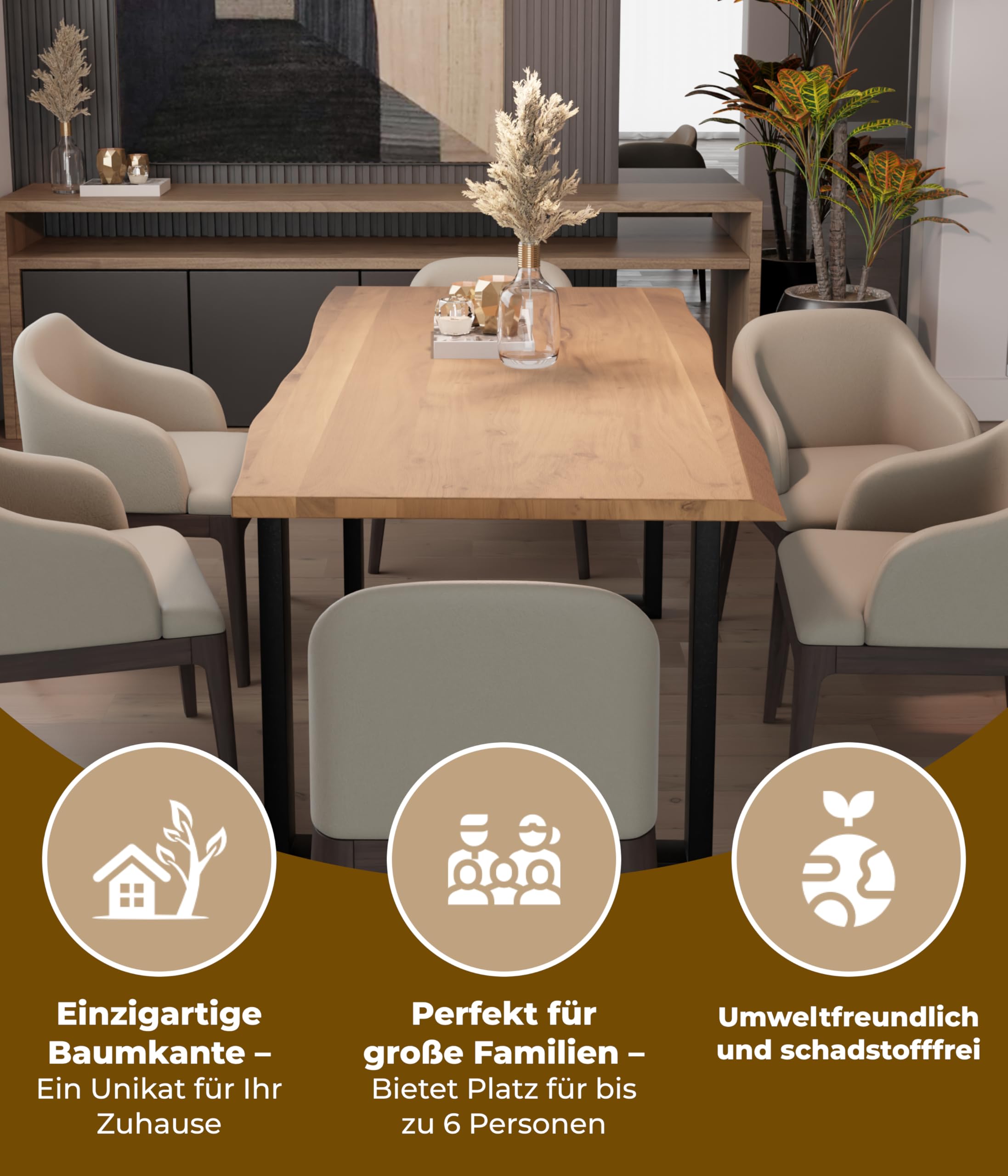 Baumkantentisch 180x90 cm, Massivholz Esstisch, Akazienholz | Tischplatte 3,6 cm, naturfarben, U-Gestell, Echte Baumkante, Handgefertigt & robust, Für 6–8 Personen geeignet