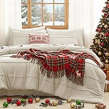 CozyLux Comforter Set Queen Size, Beige 7 Pieces Soft Pinch Pleat Bed in a Bag Queen Comforter Set with Sheets, Boho Bed Set with Down Alternative Comforter, Sheets, Pillowcases & Shams