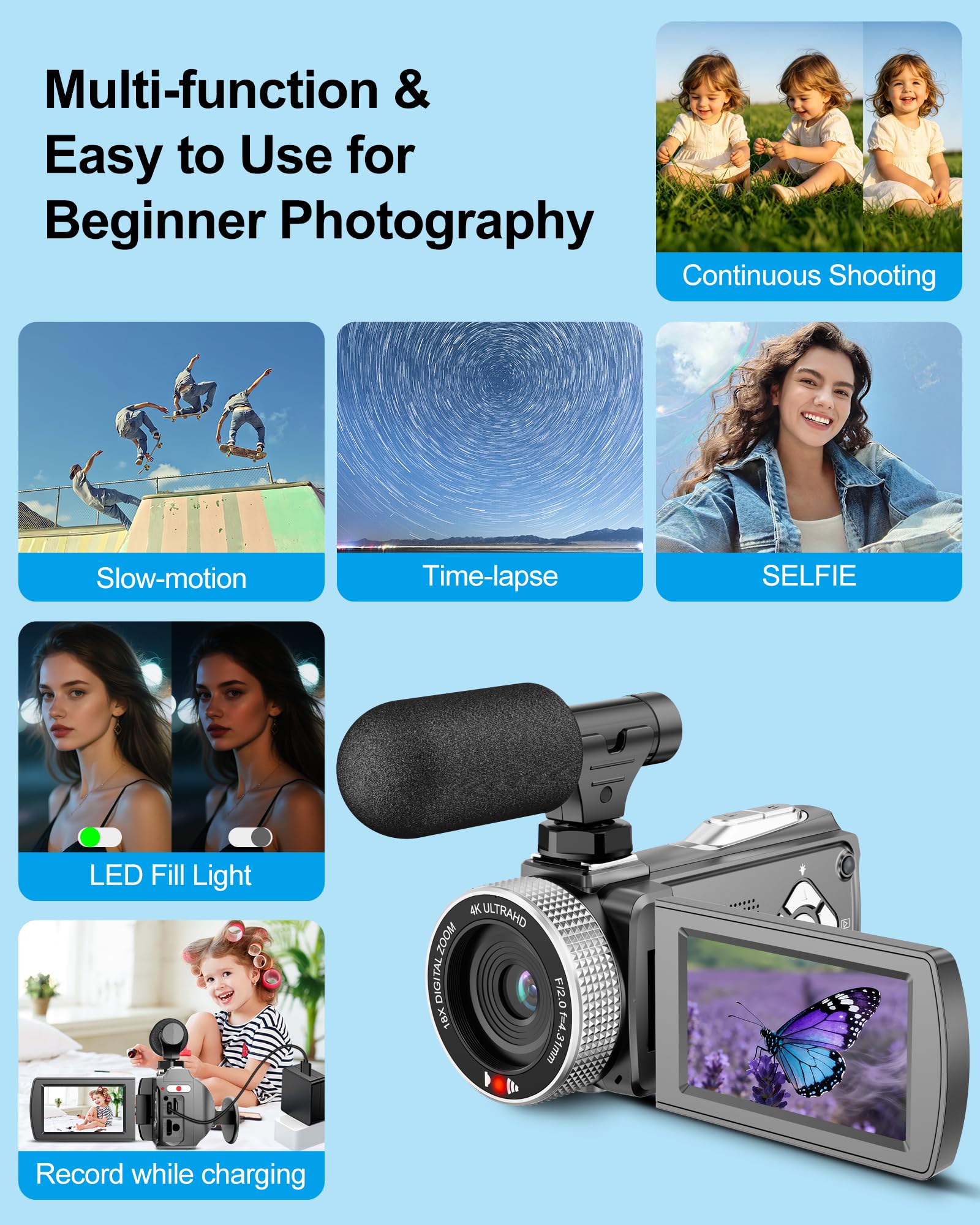 Videocamera 4K 48MP 60FPS UHD per YouTube Vlogging Zoom digitale 18X 3" IPS 270° Flip Screen Videocamera con microfono Lavalier wireless, scheda SD da 32 GB, 2 batterie e telecomando