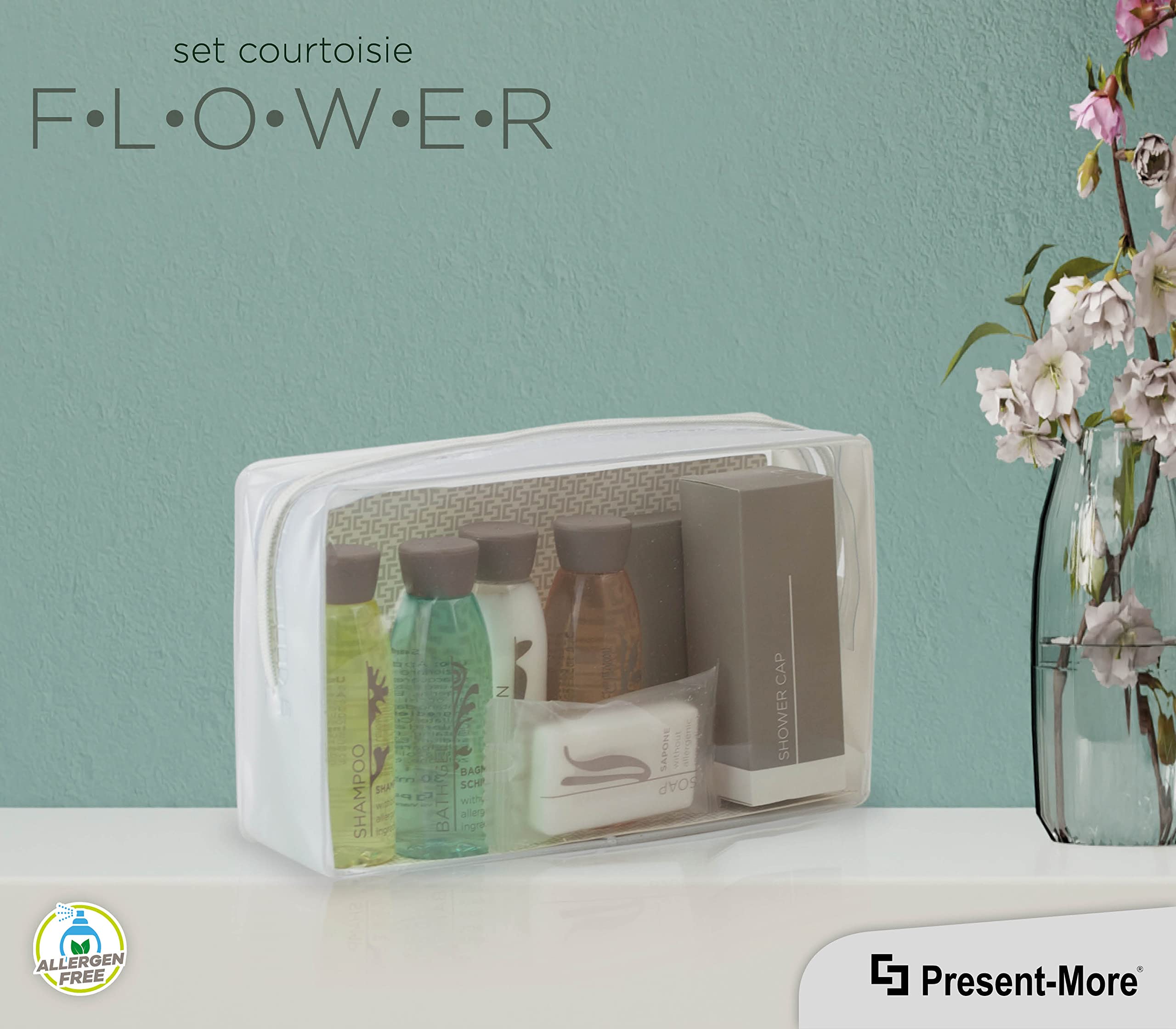 PRESENT-MORE - Kit Accueil 24 Invités Flower - Parfum Thé Vert - Contenu: Shampooing, Gel Douche, Crème, Gel Intime, Savon et Accessoires - Pour Hôtels et B&B