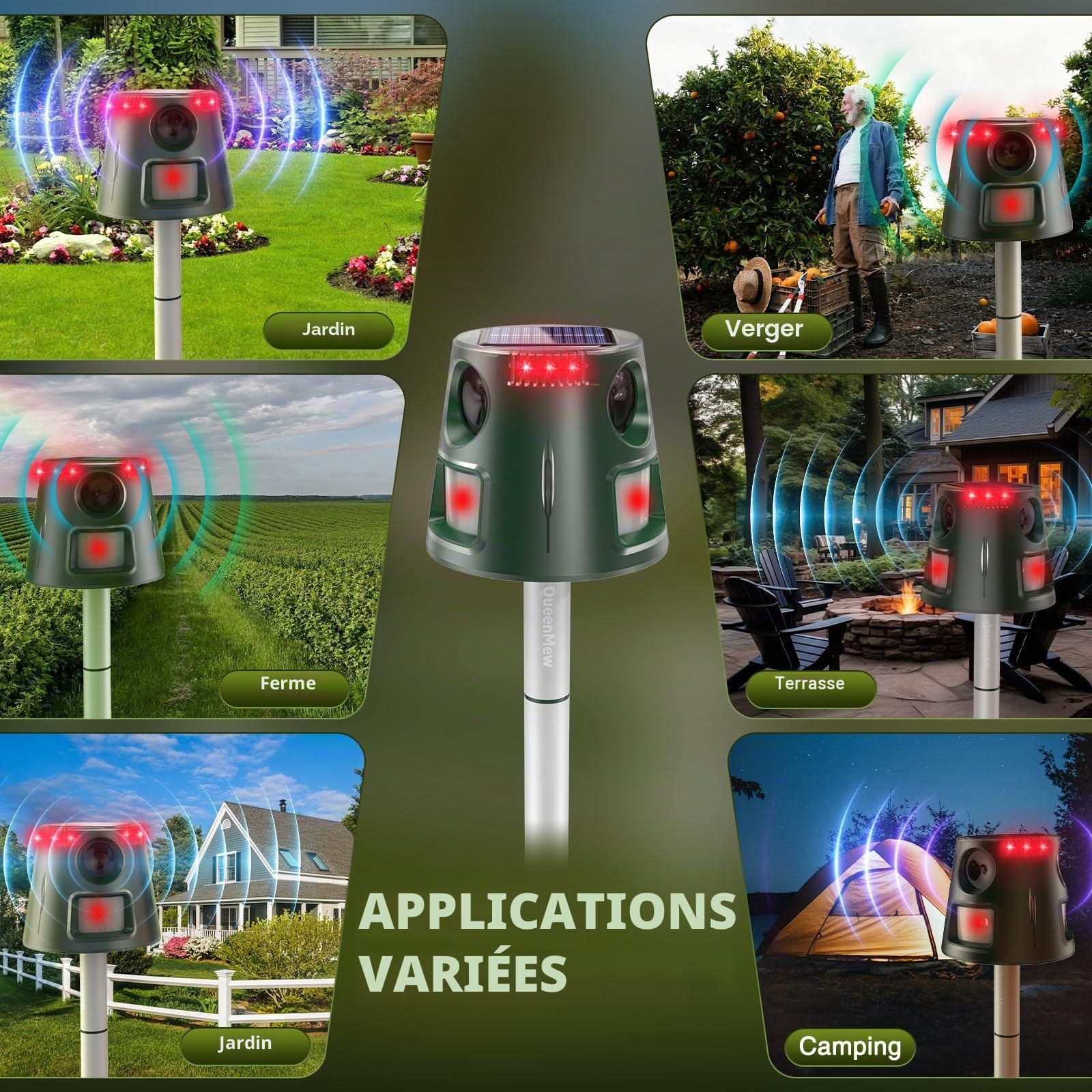 Ultrason Chat Exterieur, Repulsif Chat Ultrason, 5 Modi Einstellbar Marderschreck, Solarladung Ultrason Chat Exterieur, 360° Effektiv für Katzen, Hunde, Vögel, Mäuse