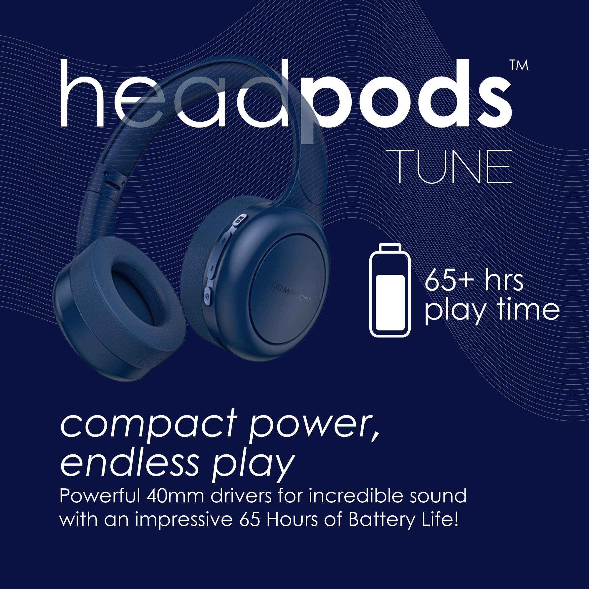 Boompods Headpods Tune Over Ear Headphones - Składane słuchawki nauszne Bluetooth, lekki bezprzewodowy zestaw słuchawkowy z wbudowanym mikrofonem, 65 godzin bezprzewodowej odtwarzania, komfort z