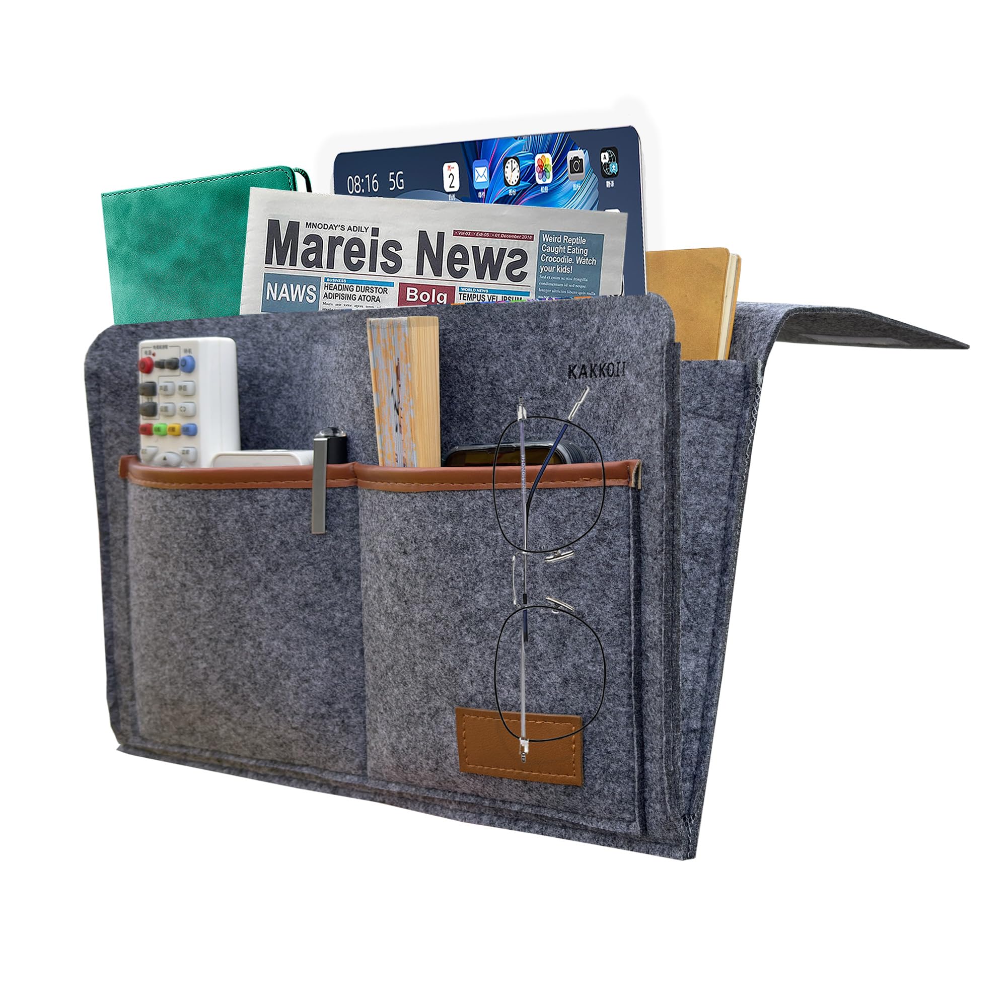 Bedside Caddy, Sofa Caddy, Storage Organizer Pocket for Dorm, Bedroom, 5 Pockets Felt Organizer for Magazine, Remote, Phone, Tablet, Pad, Glasses, Pen, Remote Control (Grey-Short)