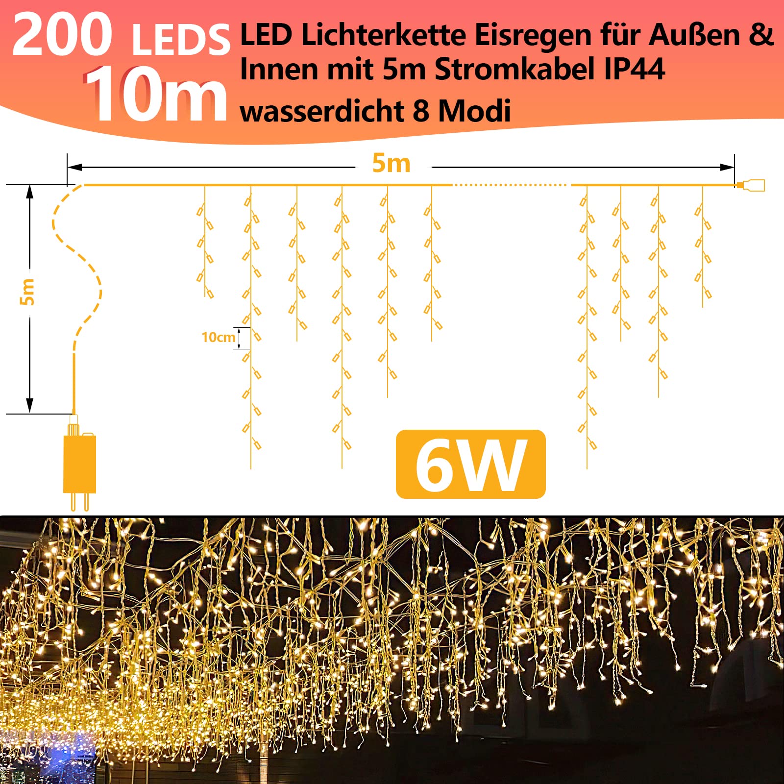 Łańcuch świetlny na zewnątrz, 400 diod LED, 10 m, kurtyna świetlna LED z 8 trybami oświetlenia, wodoszczelność IP44, do wyposażenia wnętrz, na zewnątrz, do sypialni, na wesele, Boże Narodzenie, imprezę, ciepła biel