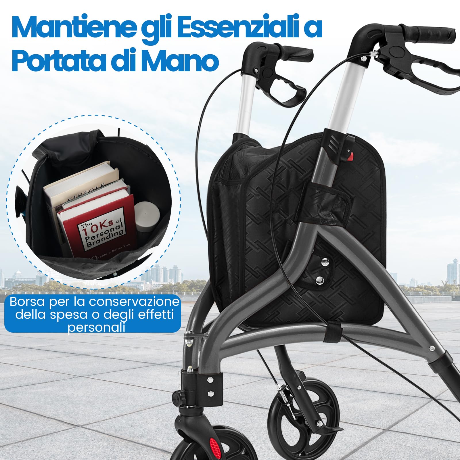 COSTWAY Deambulatore per Anziani in Alluminio Ultraleggero a 3 Ruote, Rollator per Anziani Pieghevole e Regolabile in 6 Livelli 86-96 cm con Borsa e Ruote Bloccabili, Portata 136 kg (Grigio)
