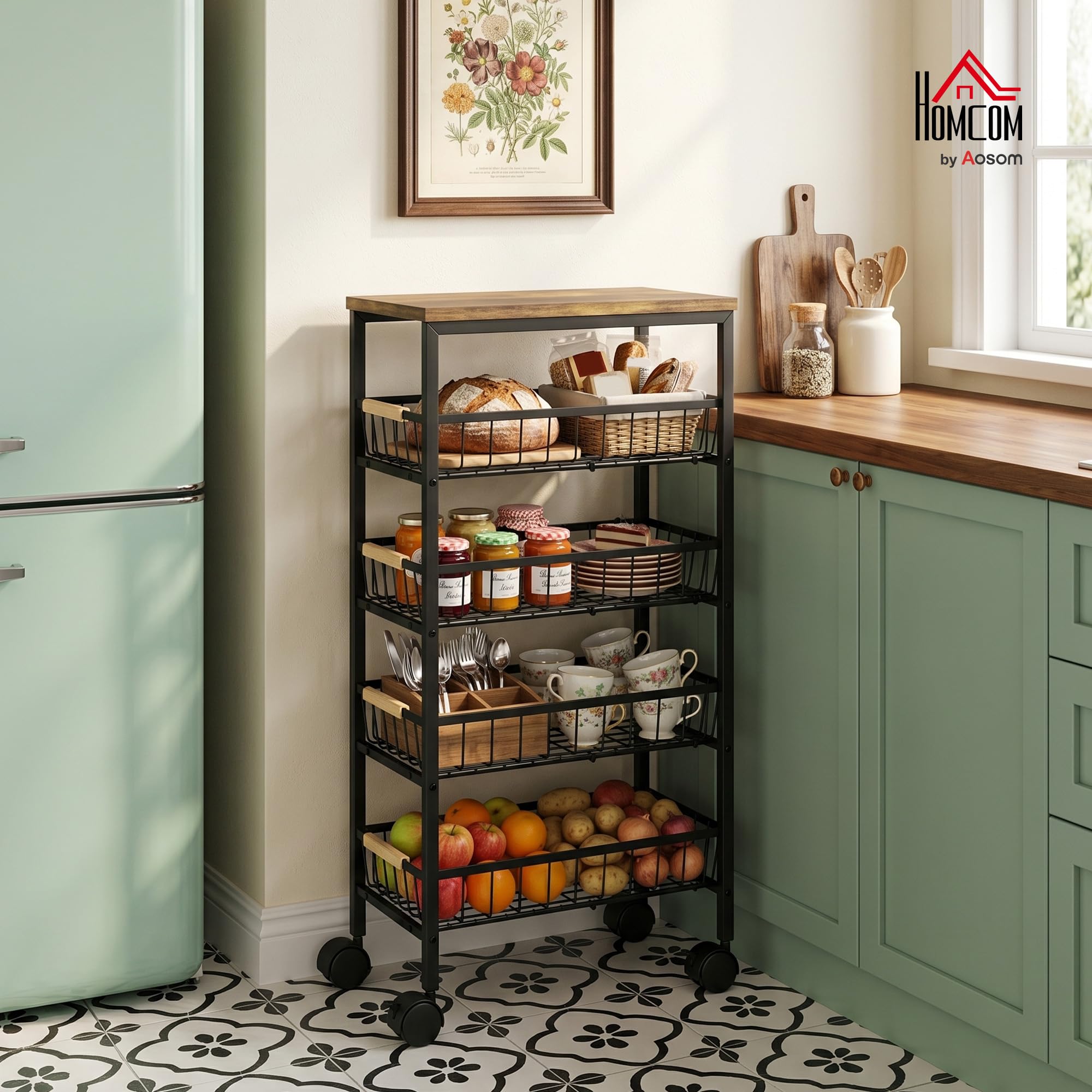 HOMCOM Carrito Auxiliar con Ruedas 4 Cestas Extraíbles 15 kg Marrón Rústico | Carrito de Cocina, Marco Metálico, Tiradores de Madera, para Comedor, Sala de Estar, Baño, 40x24x81,5 cm