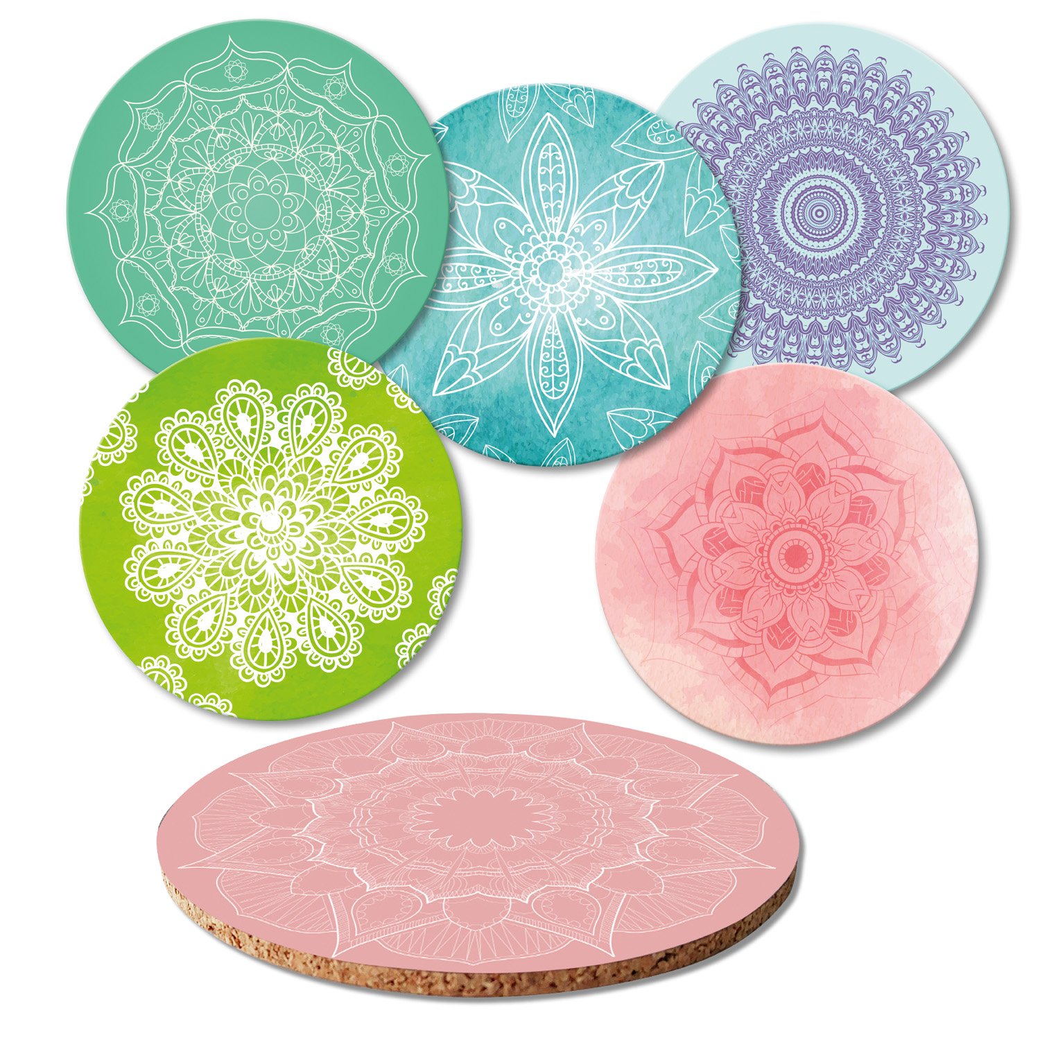 ADDIES Sottobicchieri Mandala 6 Pezzi – Vetro E Sughero, In Scatola Regalo Trasparente, Diametro 92mm - 3