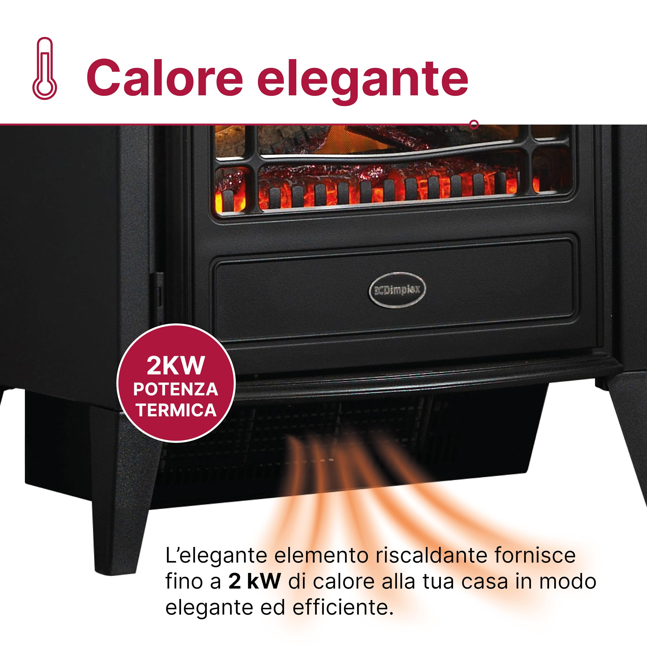 Dimplex Club Caminetto Elettrico Camino Elettrico da Terra con Letto di Ceppi Ardenti e Effetto Fiamma LED Optiflame Camino Finto con Ventilatore Riscaldante da 2 kW Incluso Telecomando