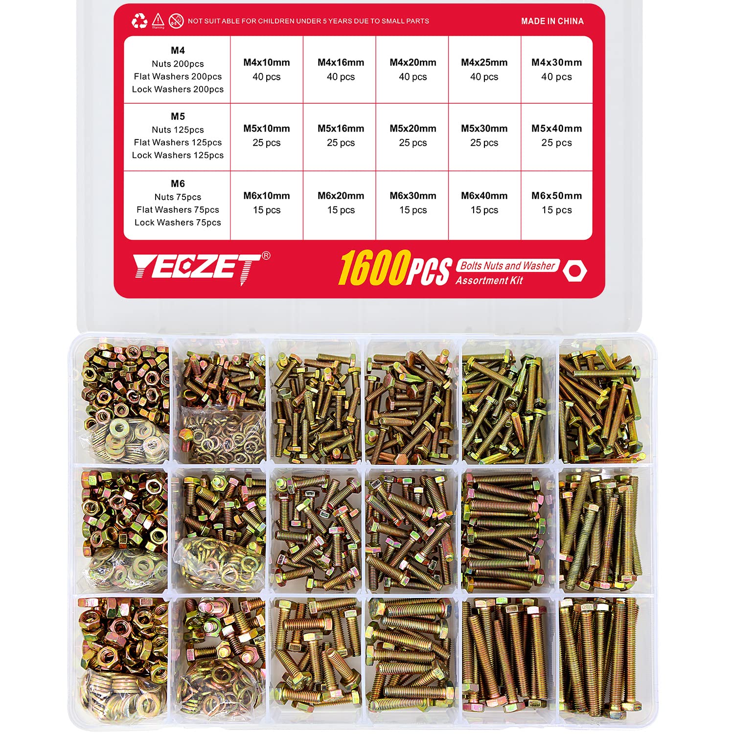 Assortiment de 1600 boulons et écrous M4 M5 M6 de grade 8.8 très résistants et rondelles plates et de verrouillage comprenant 15 tailles les plus courantes