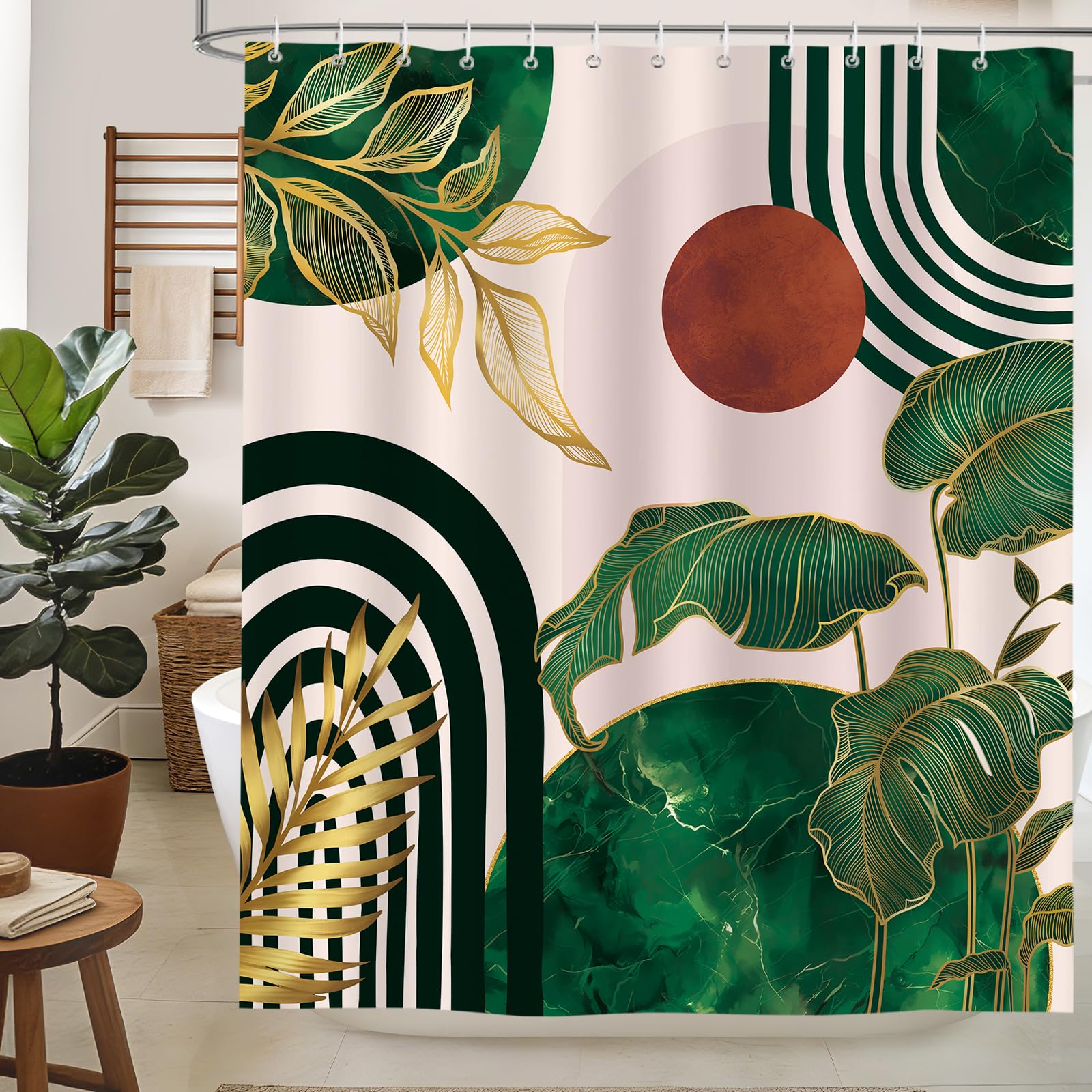 hometrixx Boho Green Shower Curtain Mid Century Abstract Gold Leaves Plant Olive Shower Curtains for Bathroom Decor Bathtub Light Weight Washable Waterproof Polyester Fabric with 12 Hooks 180x180cm
