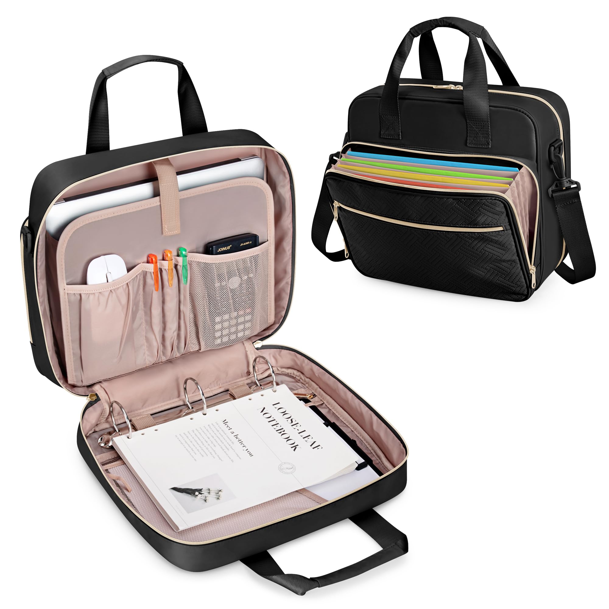 Prokva 3 Ring Zipper Binder 2 Inch, Accordion File Organizer with Shoulder Strap, Zip Up Binder with 500-Sheet Capacity, Black