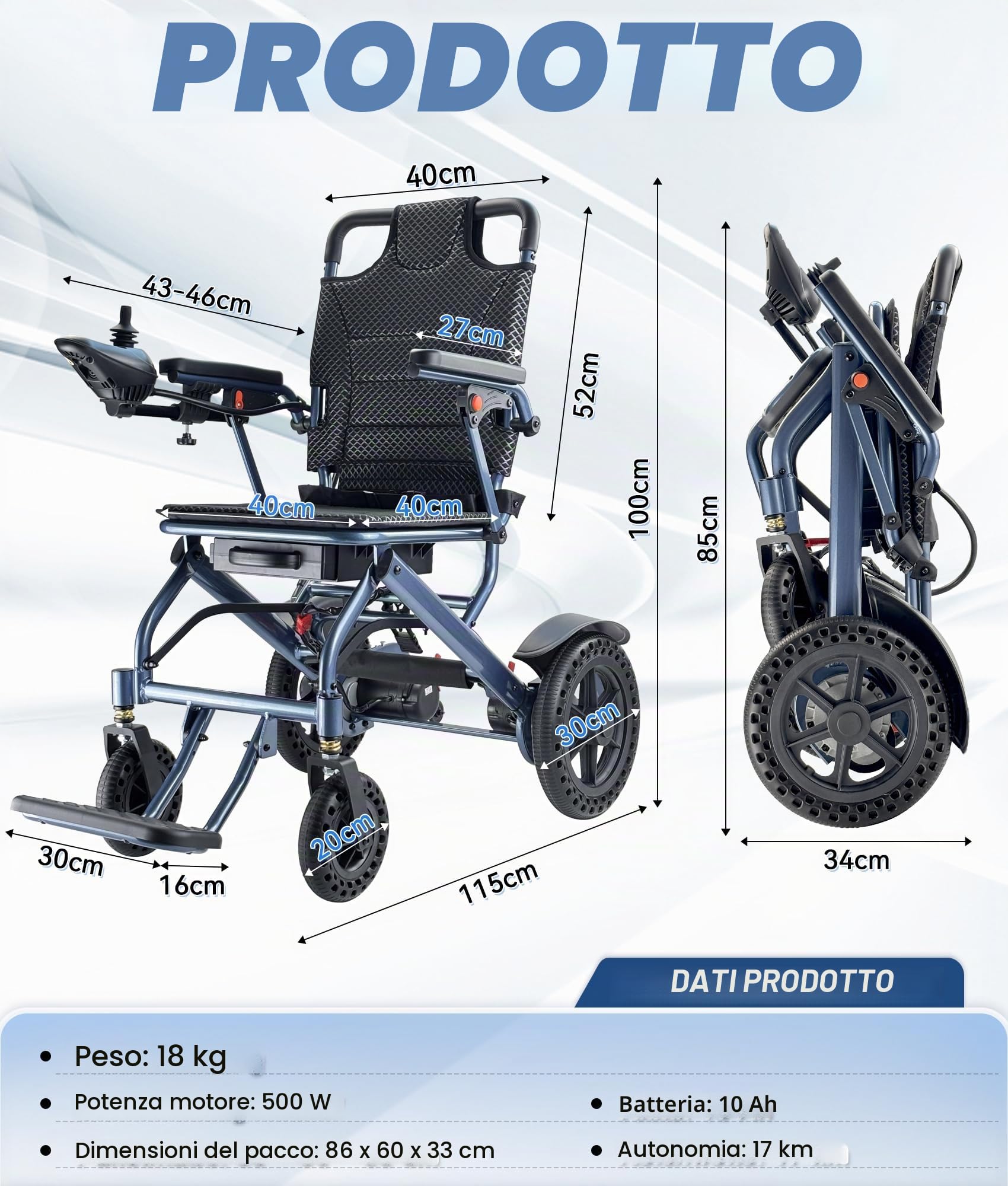 Sedile Elettrico Pieghevole, 170KG Capacità di Carico, Sedile Elettrico Pieghevole Leggero con Doppia Telecomando & Motore 500W & Frenata Elettromagnetica per Anziani, Litio fino a 17 km (Blu)