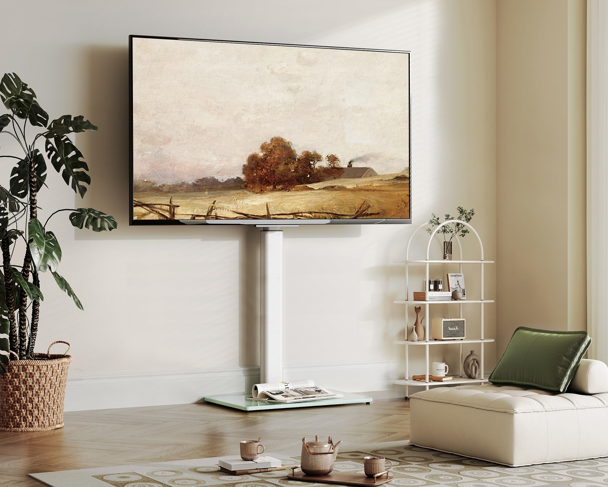 FITUEYES Support TV sur Pied pour TV de 32 à 60 Pouces, Pied TV Réglable en Hauteur jusqu'à 30 kg Max VESA 600 x 400 mm, Blanc