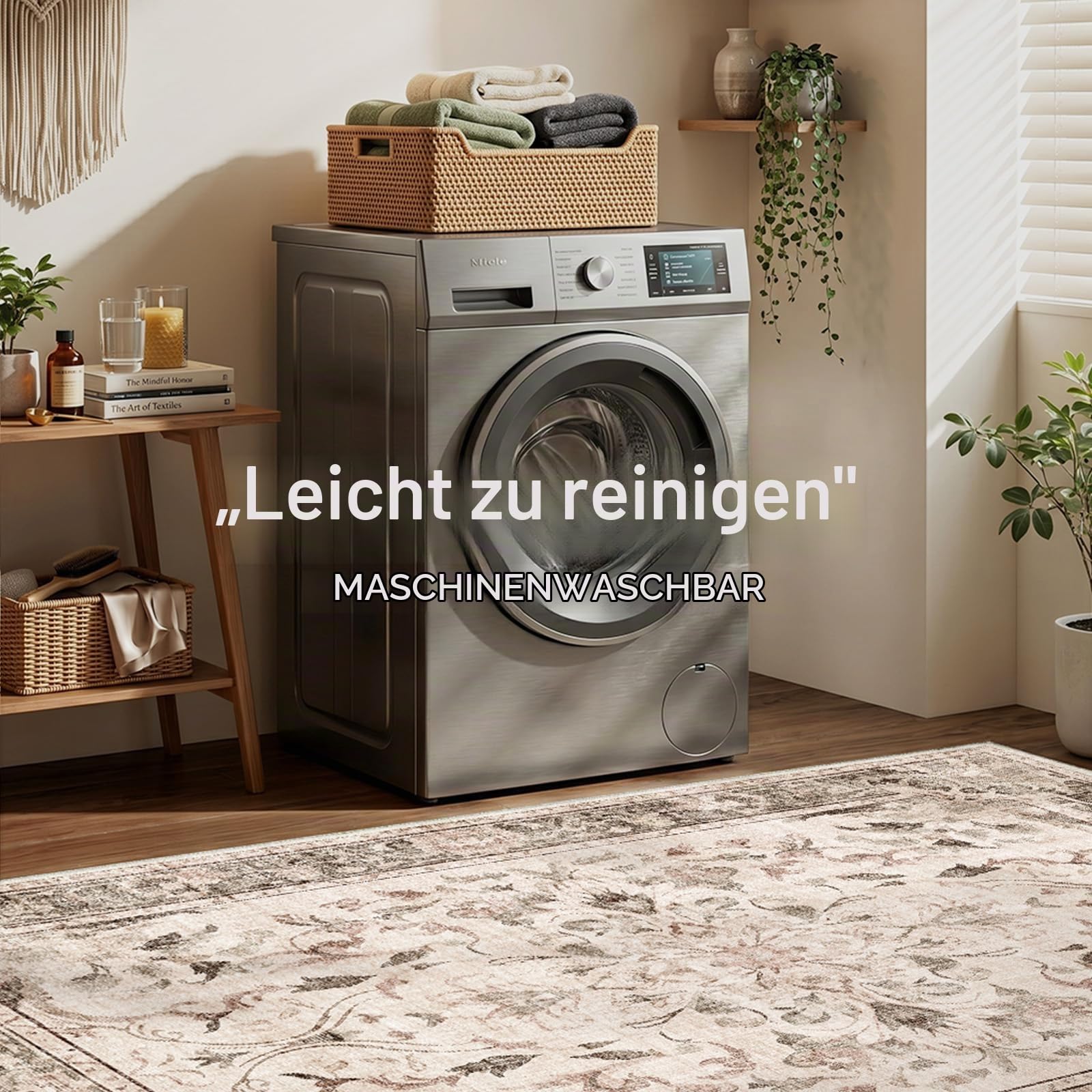 IKALIFE Teppich Wohnzimmer Vintage 160x230cm Waschbar Beige | Großer Waschbarer Kurzflor Teppich mit Blumenmuster, Rutschfest, Weich und ideal für Wohnzimmer, Schlafzimmer und Esszimmer