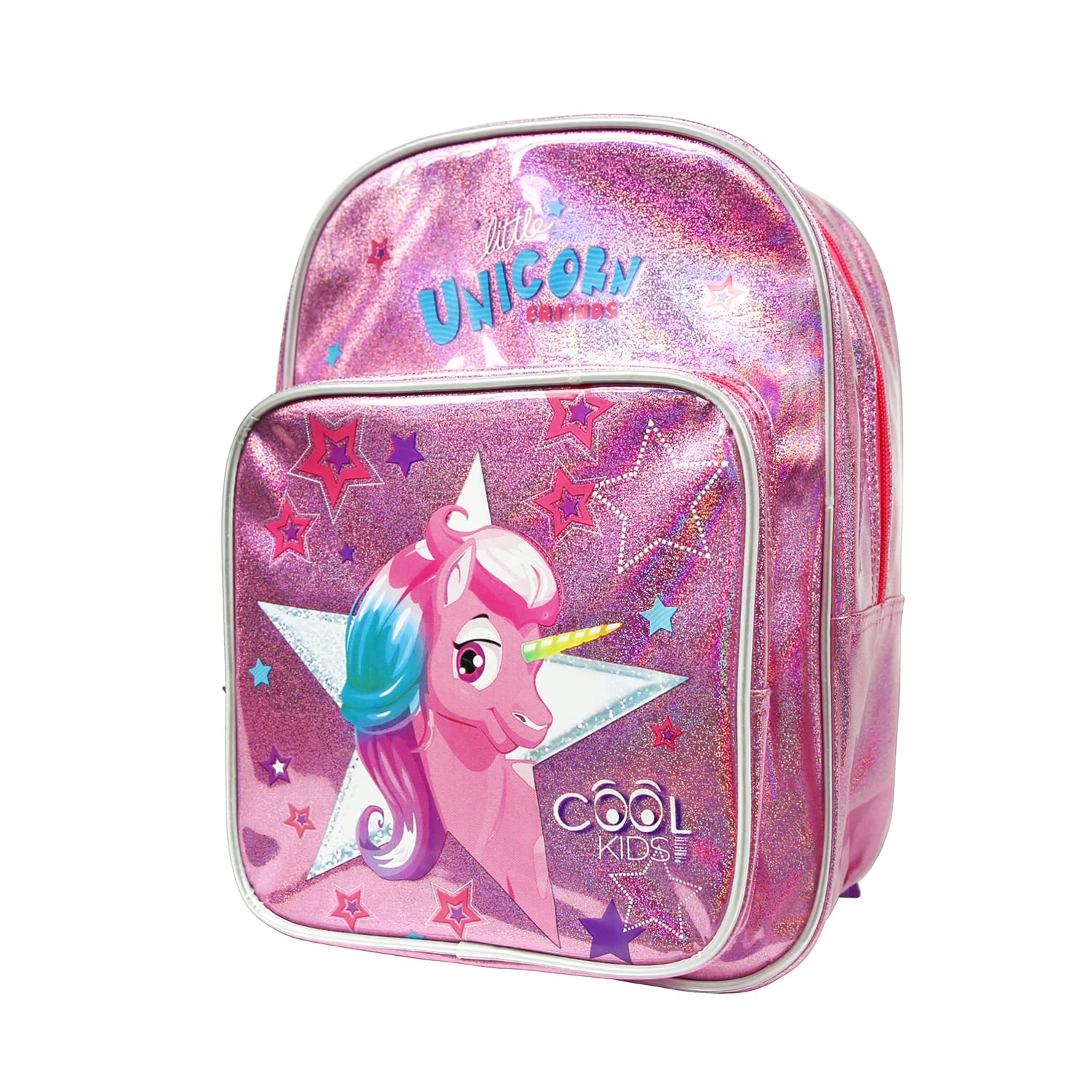 PERLETTI Girls School Travel Backpack with Front Pocket Unicorn - Kids Rucksack Reflective Details Pink Glitter - Small Lightweight Daypack for Children with Stars 31x23x13 cm (Unicorn with Pocket)