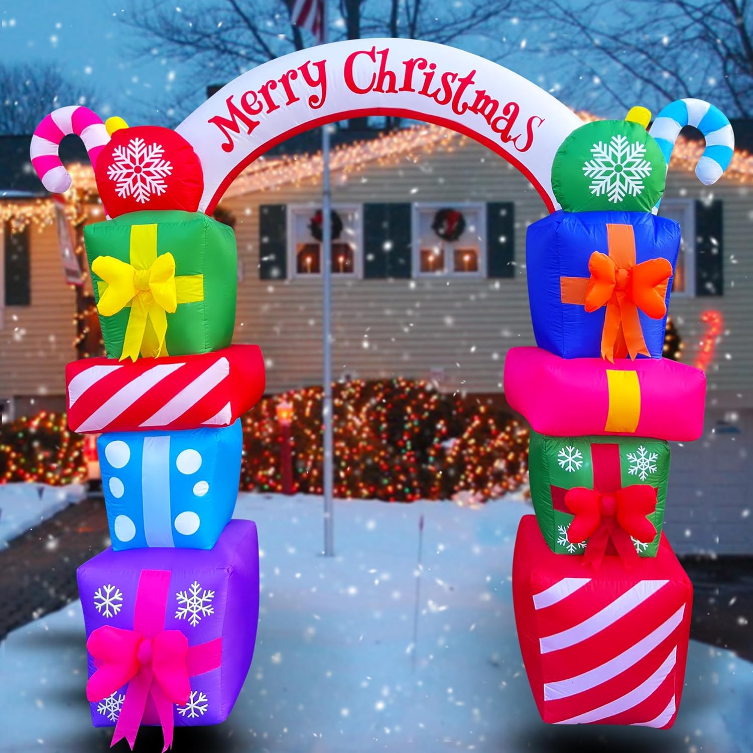 SEASONBLOW 8 FT Christmas Inflatable Gift Boxes Arch Archway with Candy Merry Christmas Decoration Blow Up LED Lighted for Xmas Lawn Yard Garden Home Indoor Outdoor