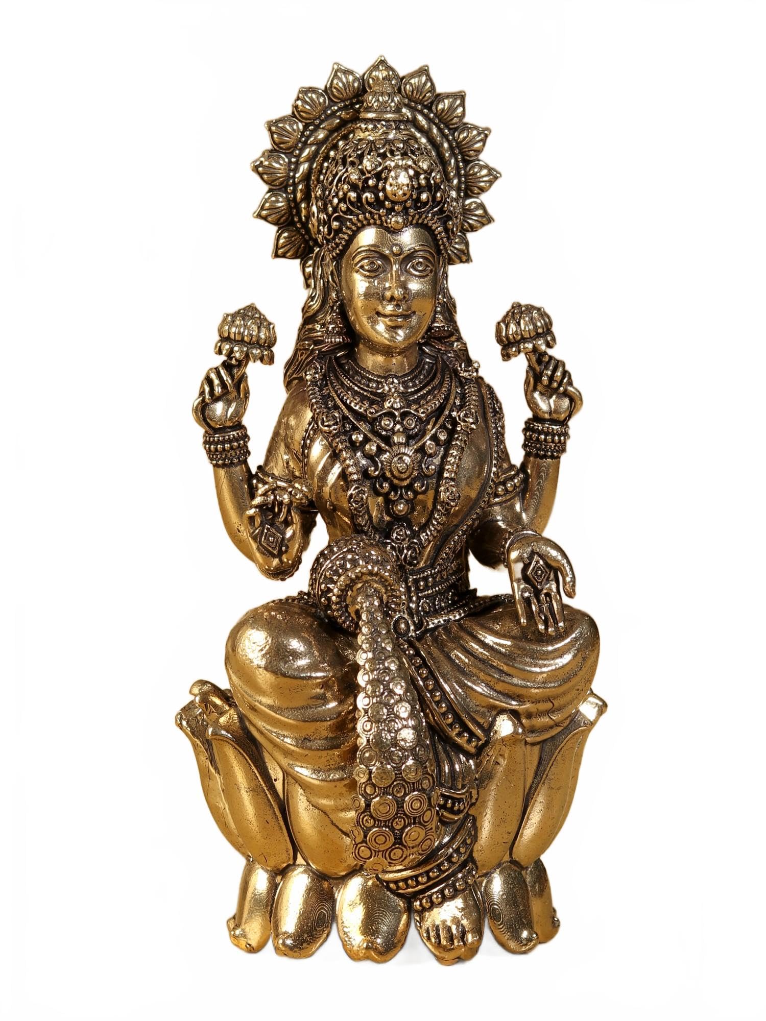 Exotic India 5" Superfine Goddess Lakshmi Brass Statue | Maa Laxmi Dhan Devi Idol for Puja Room, Home, Office, Table Décor