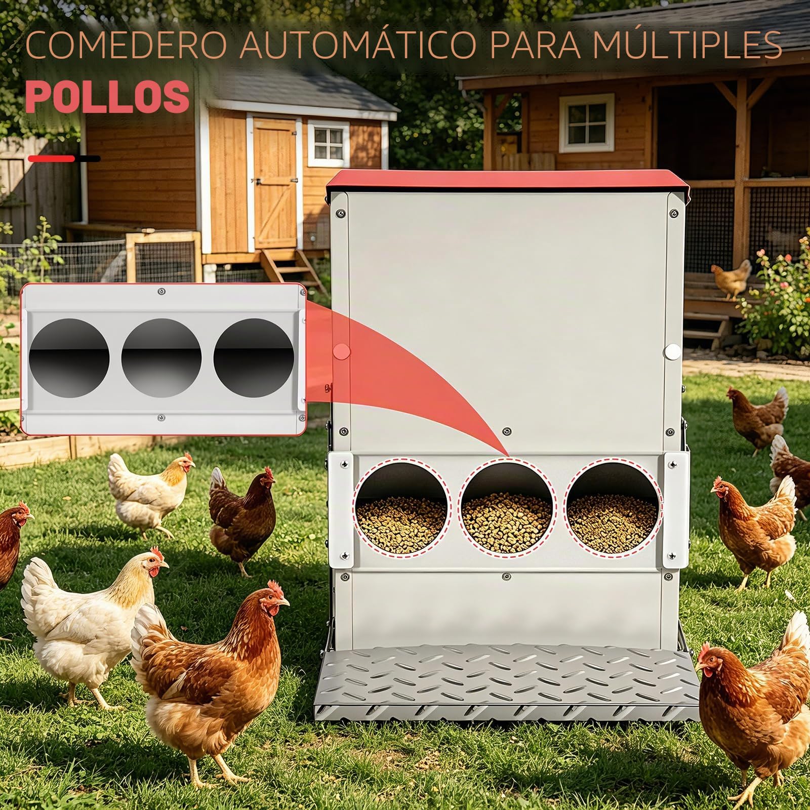 Comedero Automático para Pollos con Pedal De Metal, 15kg Alimentador para Varias Gallinas y Patos, Fácil De Usar y Limpiar