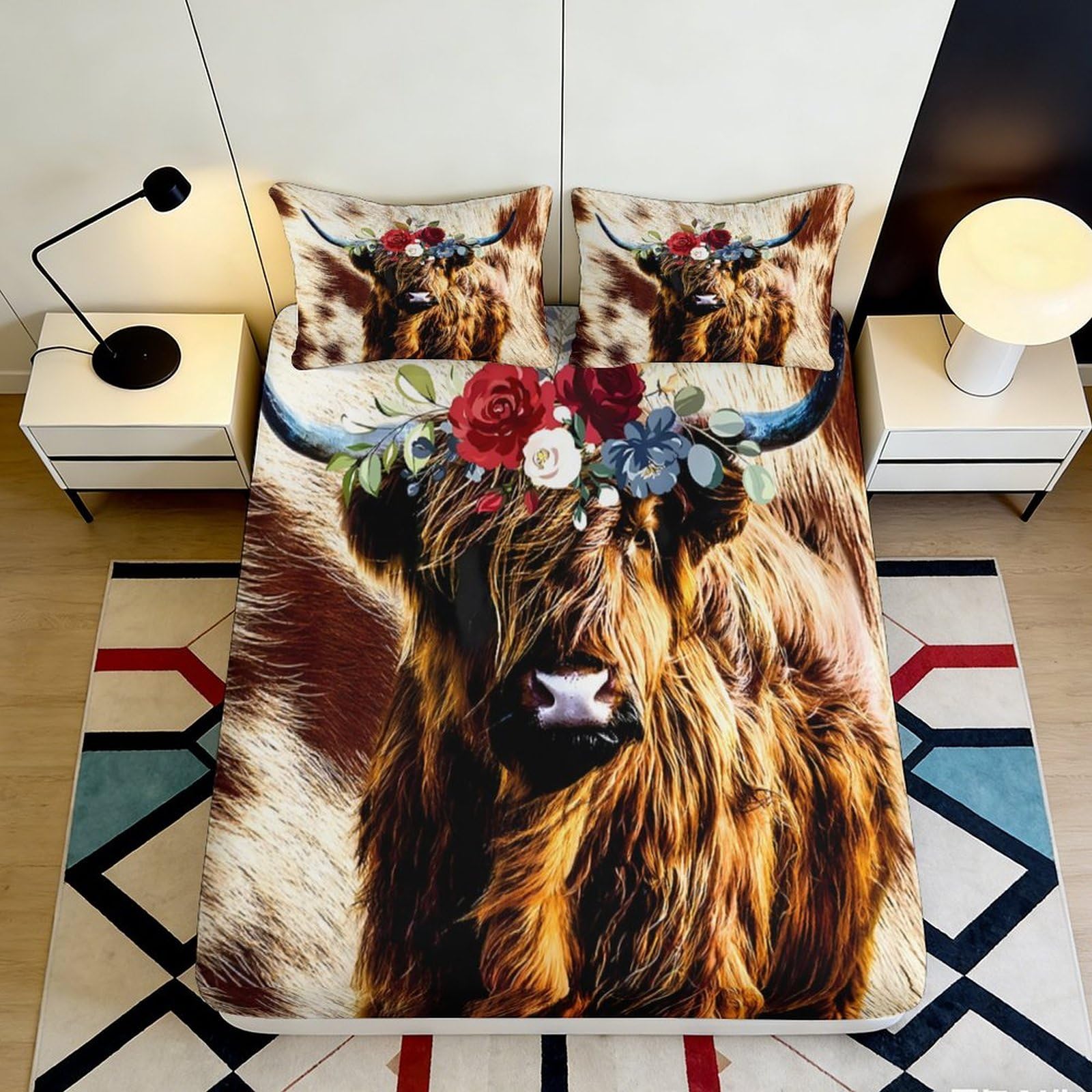 3D Printed Highland Cow Fitted Sheet Microfiber Deep Pocket Bedroom Bedding Highland Cow Mattress Fitted Cover Washable All Ages 140x200x25cm